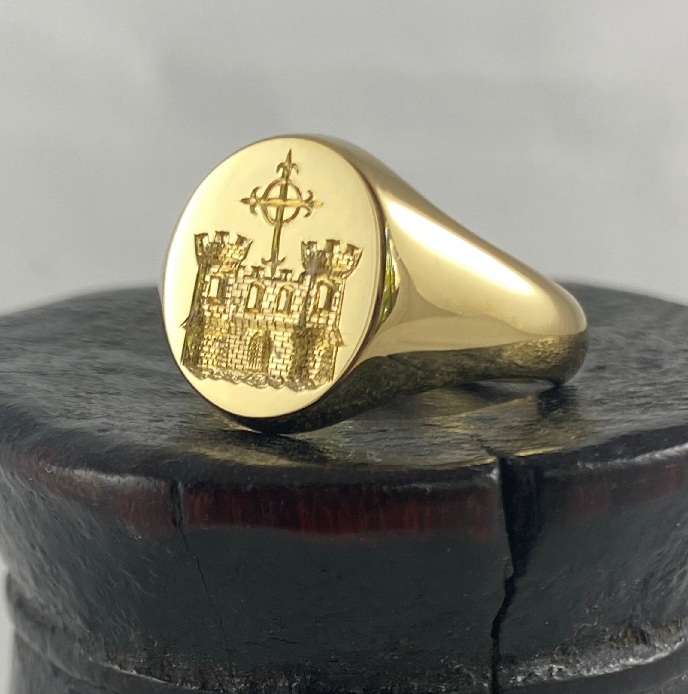 Family Crest Seal Engraved 14mm x 12mm  -  18 Carat Yellow Gold Signet Ring