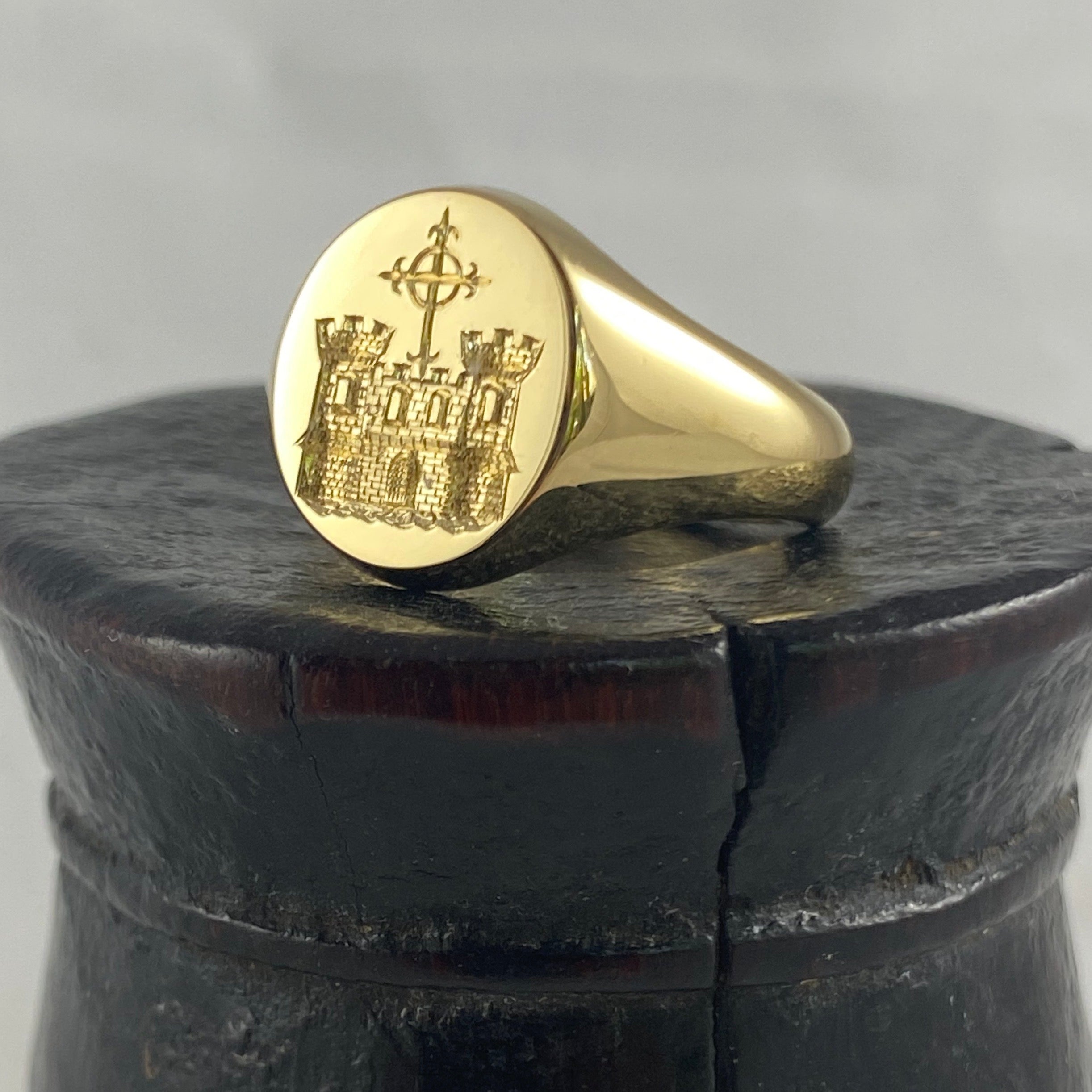 Family Crest Seal Engraved 14mm x 12mm  -  18 Carat Yellow Gold Signet Ring