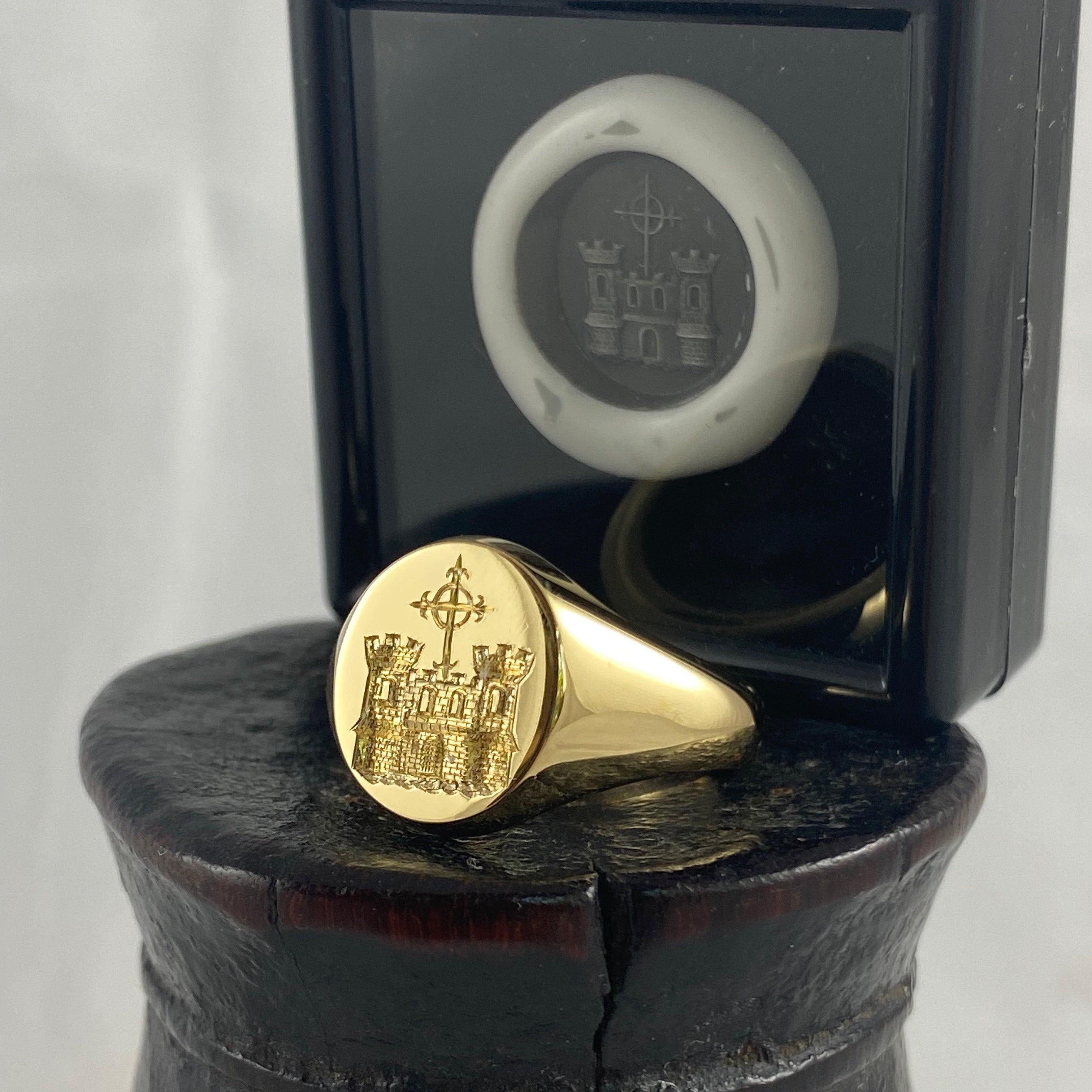 Family Crest Seal Engraved 14mm x 12mm  -  18 Carat Yellow Gold Signet Ring