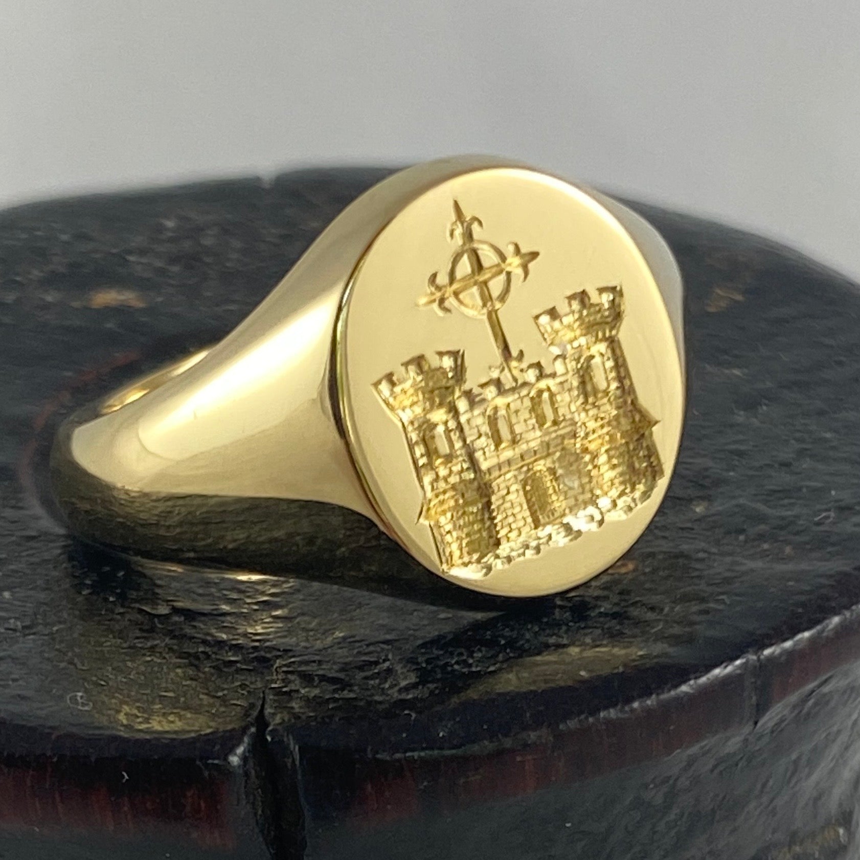 Family Crest Seal Engraved 14mm x 12mm  -  18 Carat Yellow Gold Signet Ring