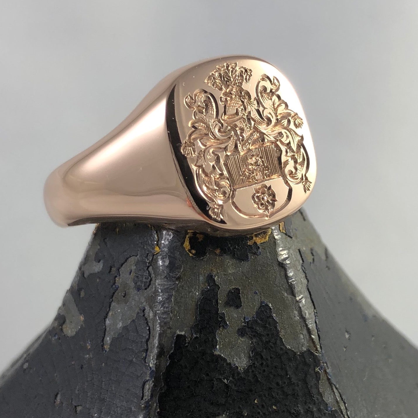 Family Coat of Arms Engraved 14mm x 13mm  -  9 Carat Rose Gold Signet Ring