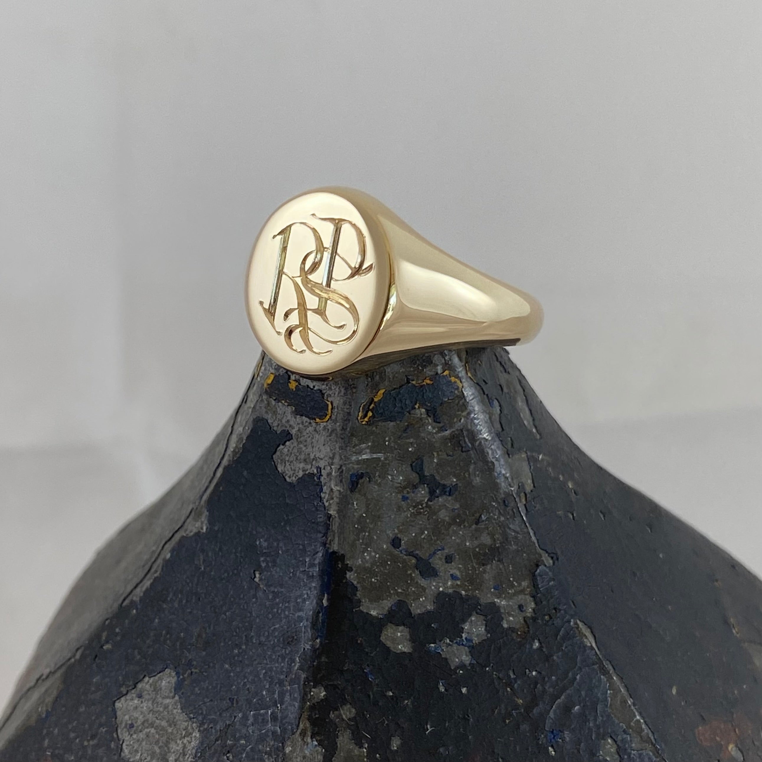 3 Initials Engraved  13mm Round  -  9 Carat Yellow Gold Signet Ring