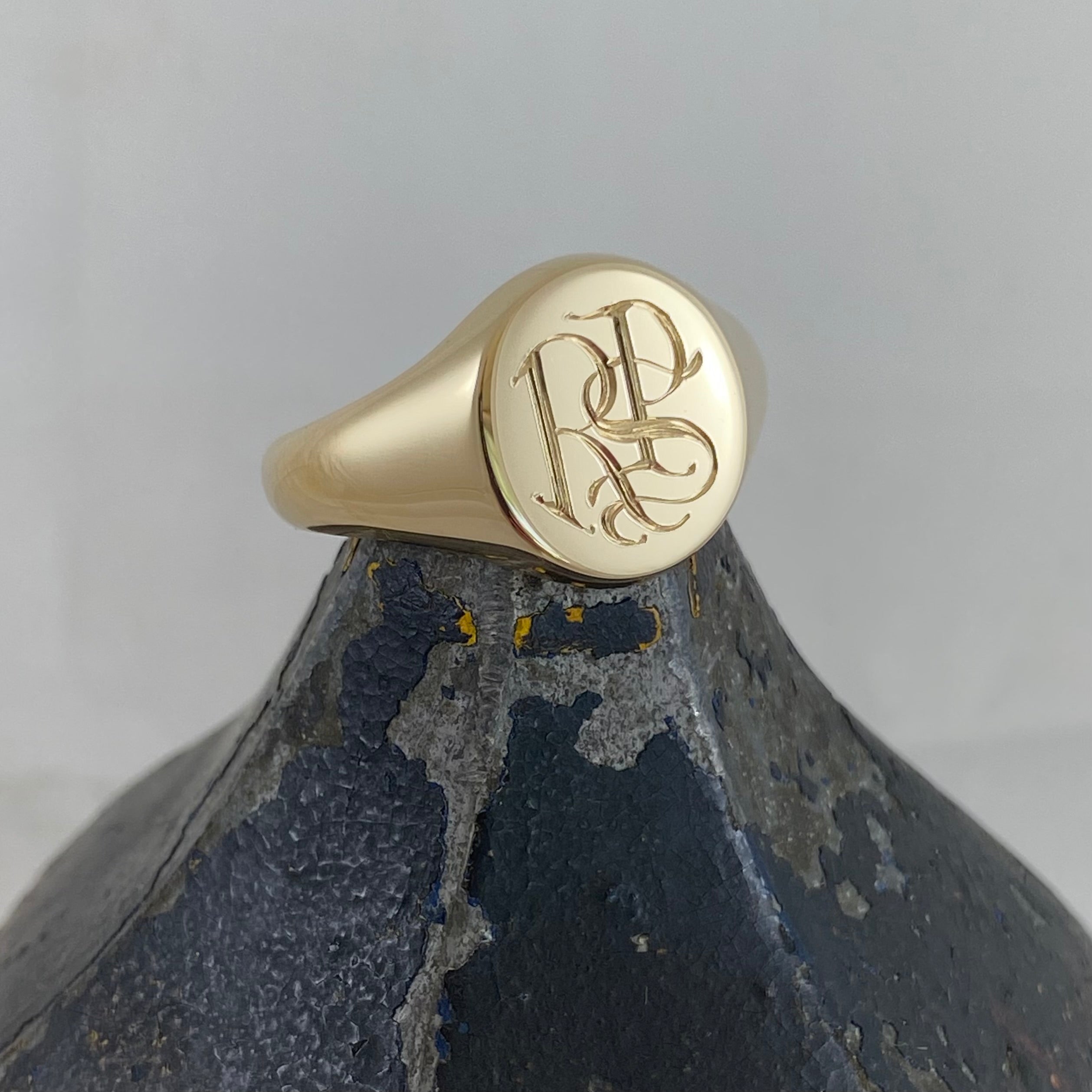 3 Initials Engraved  13mm Round  -  9 Carat Yellow Gold Signet Ring