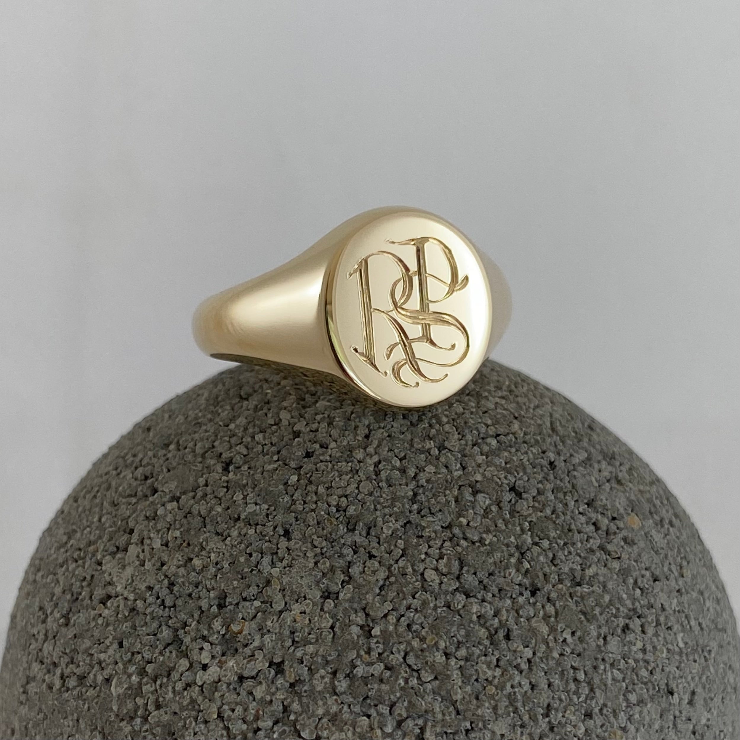 3 Initials Engraved  13mm Round  -  9 Carat Yellow Gold Signet Ring