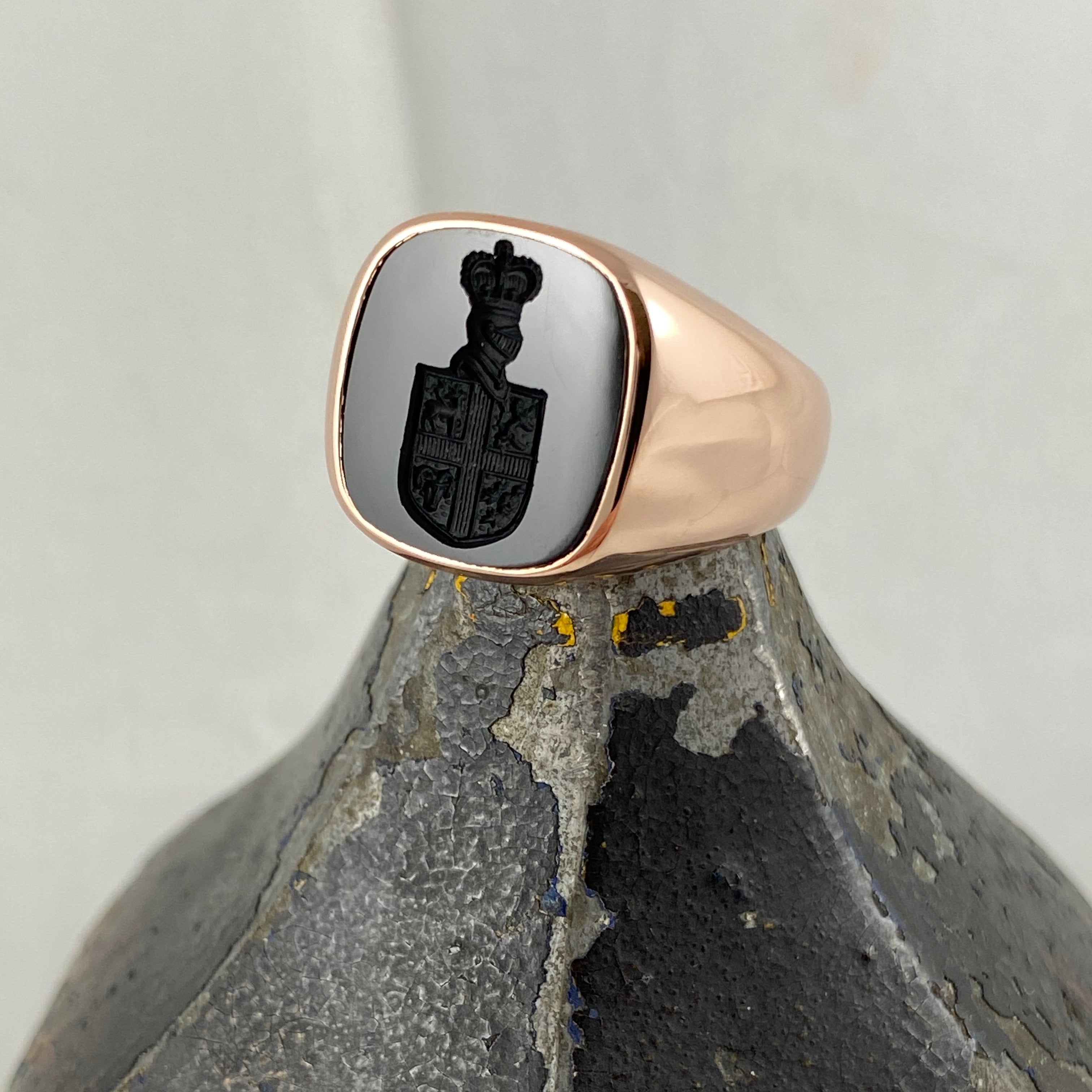 Seal Engraved Bloodstone Custom Made 13mm x 13mm  -  9 Carat Rose Gold Signet Ring