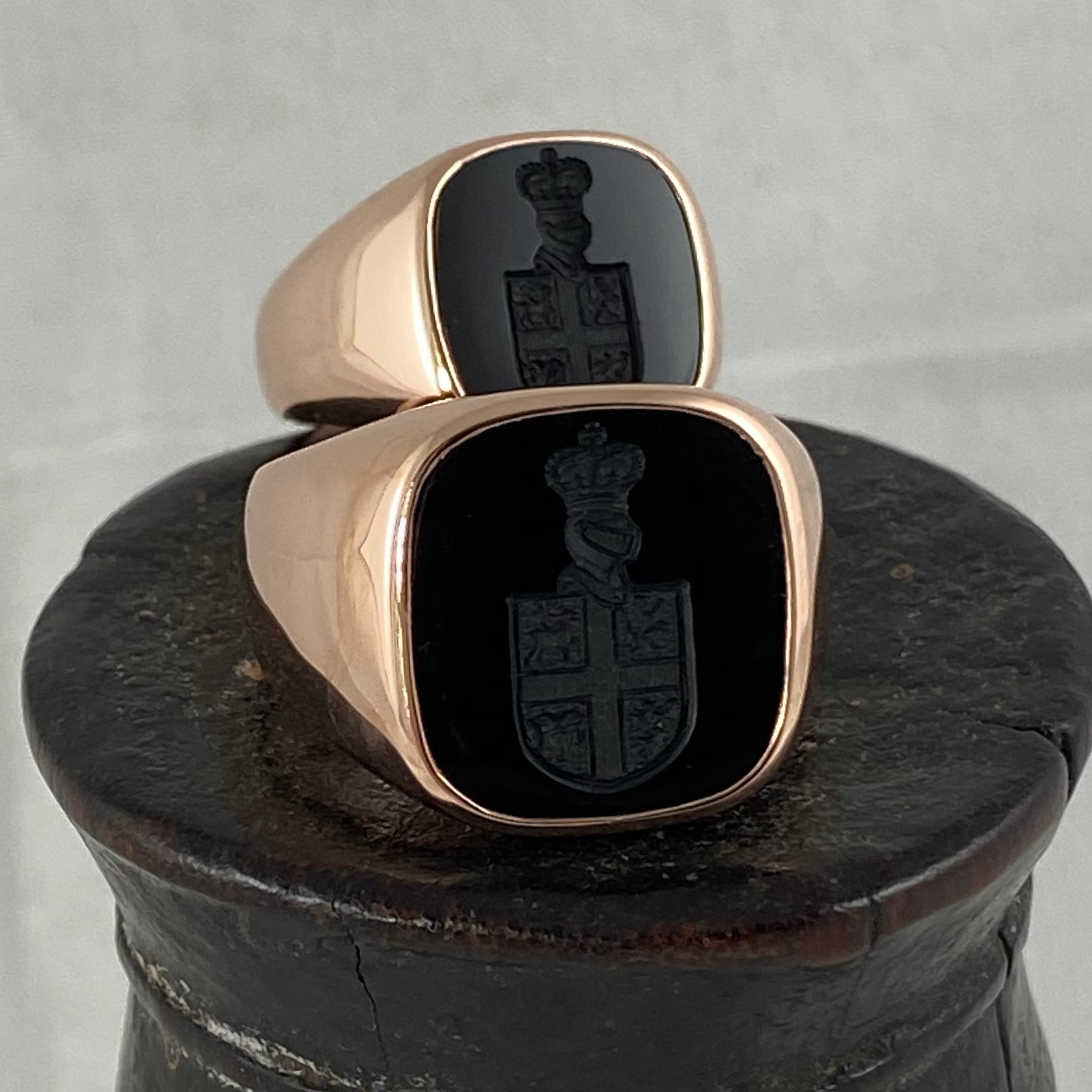 Seal Engraved Bloodstone Custom Made 13mm x 13mm  -  9 Carat Rose Gold Signet Ring