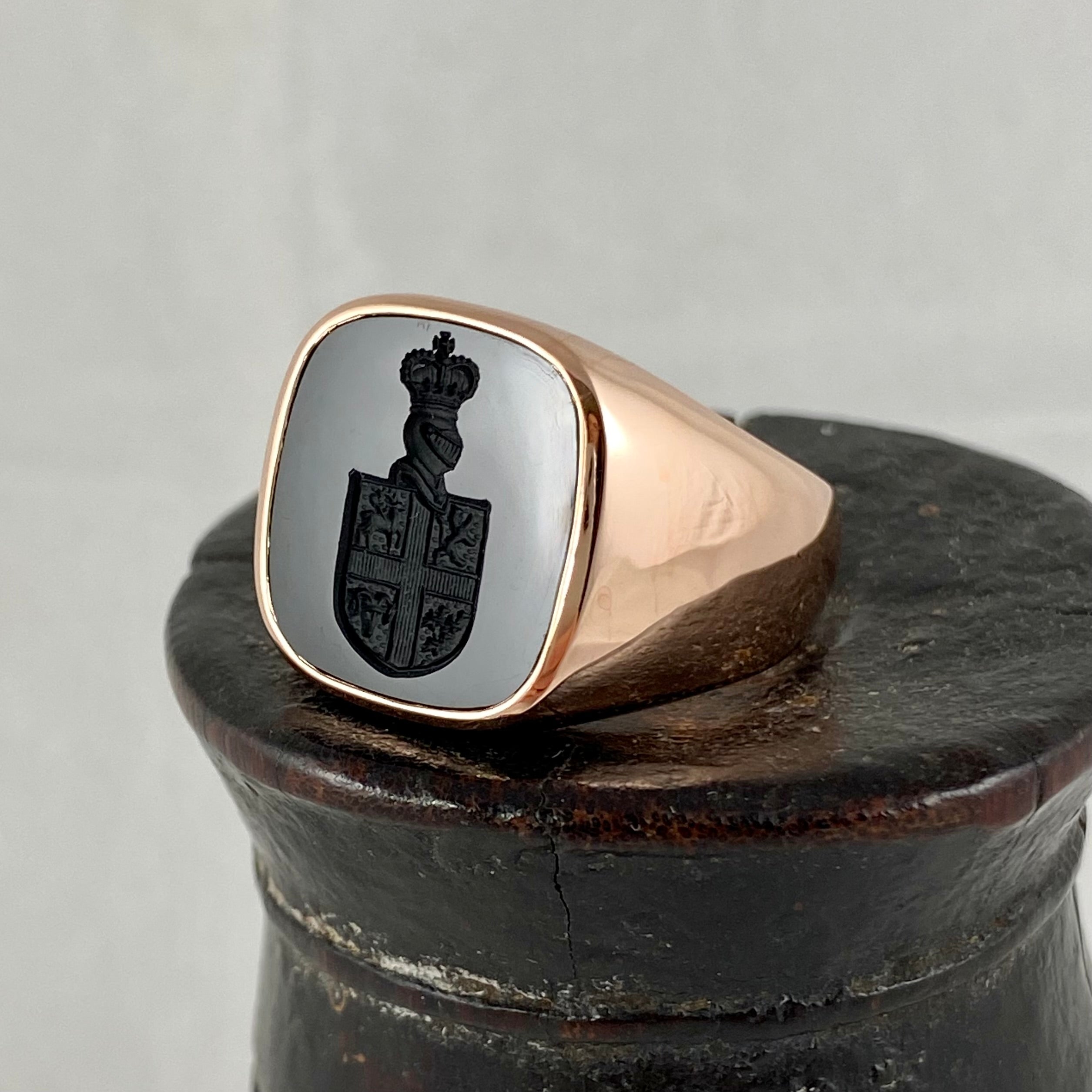 Seal Engraved Bloodstone Custom Made 13mm x 13mm  -  9 Carat Rose Gold Signet Ring