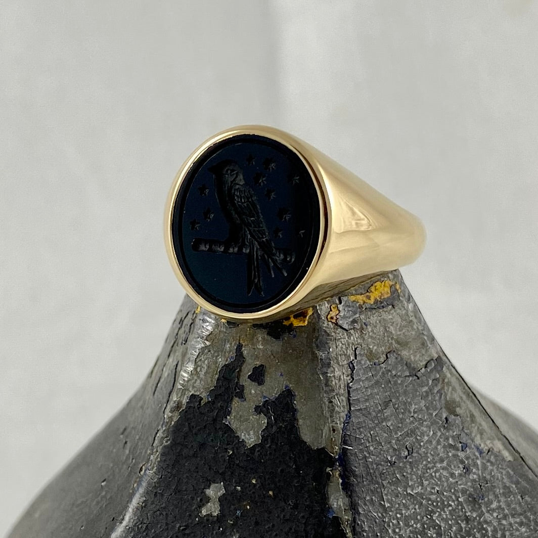 Seal Engraved Onyx Custom Made 14mm x 12mm  -  9 Carat Yellow Gold Signet Ring