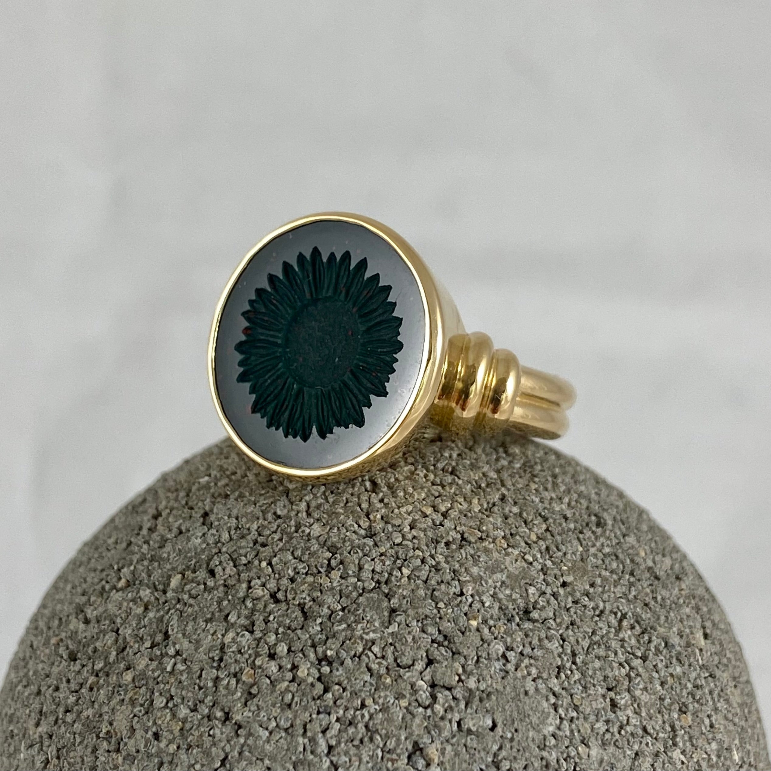 Seal Engraved Bloodstone Custom Made 16mm Round  -  18 Carat Yellow Gold Signet Ring