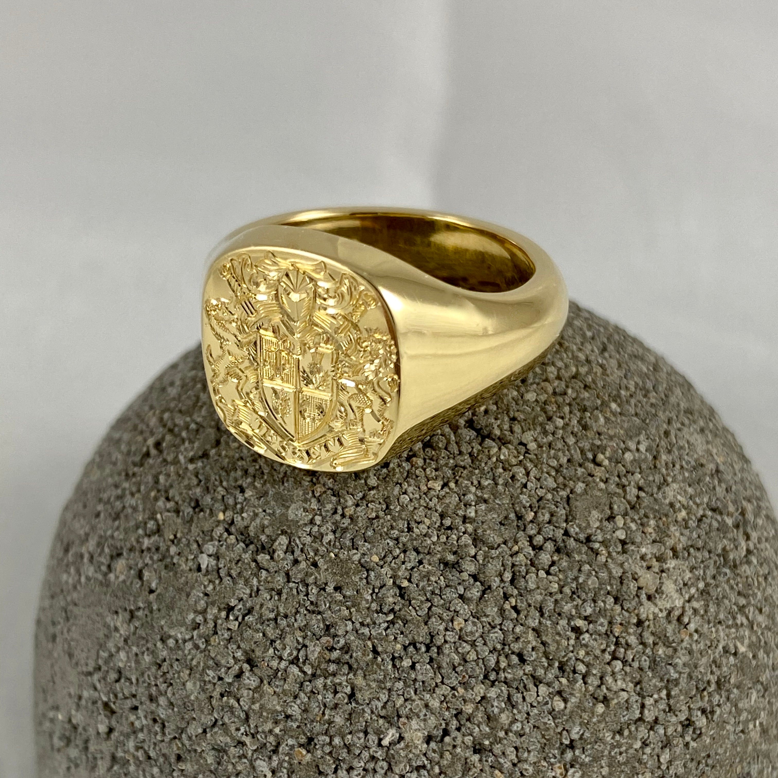 Family Coat of Arms Engraved 14mm x 13mm  -  18 Carat Yellow Gold Signet Ring