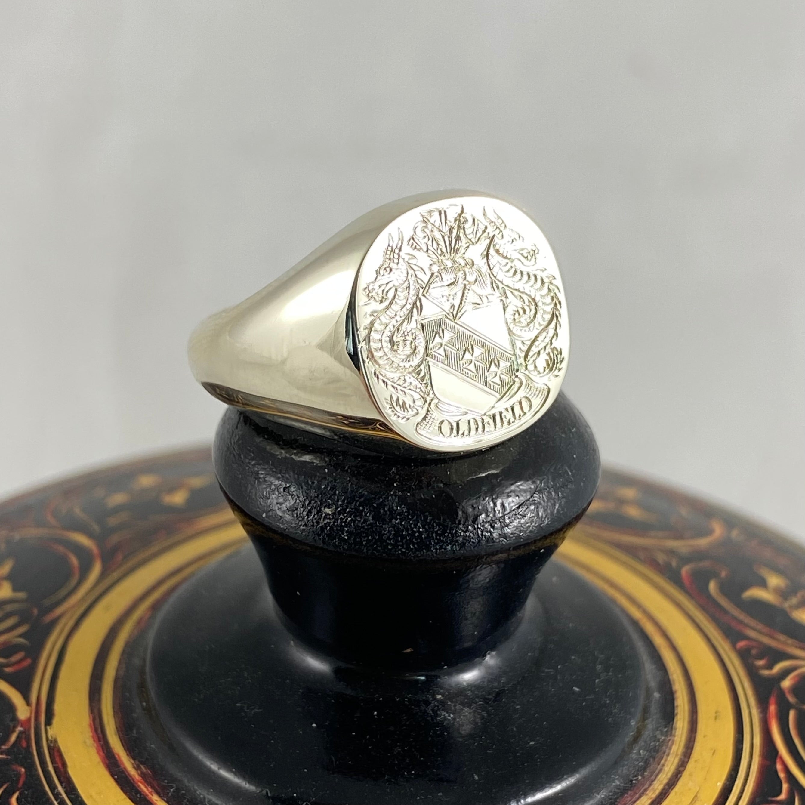 Family Coat of Arms Engraved  14mm x 13mm  Cushion -  9 Carat White Gold Signet Ring