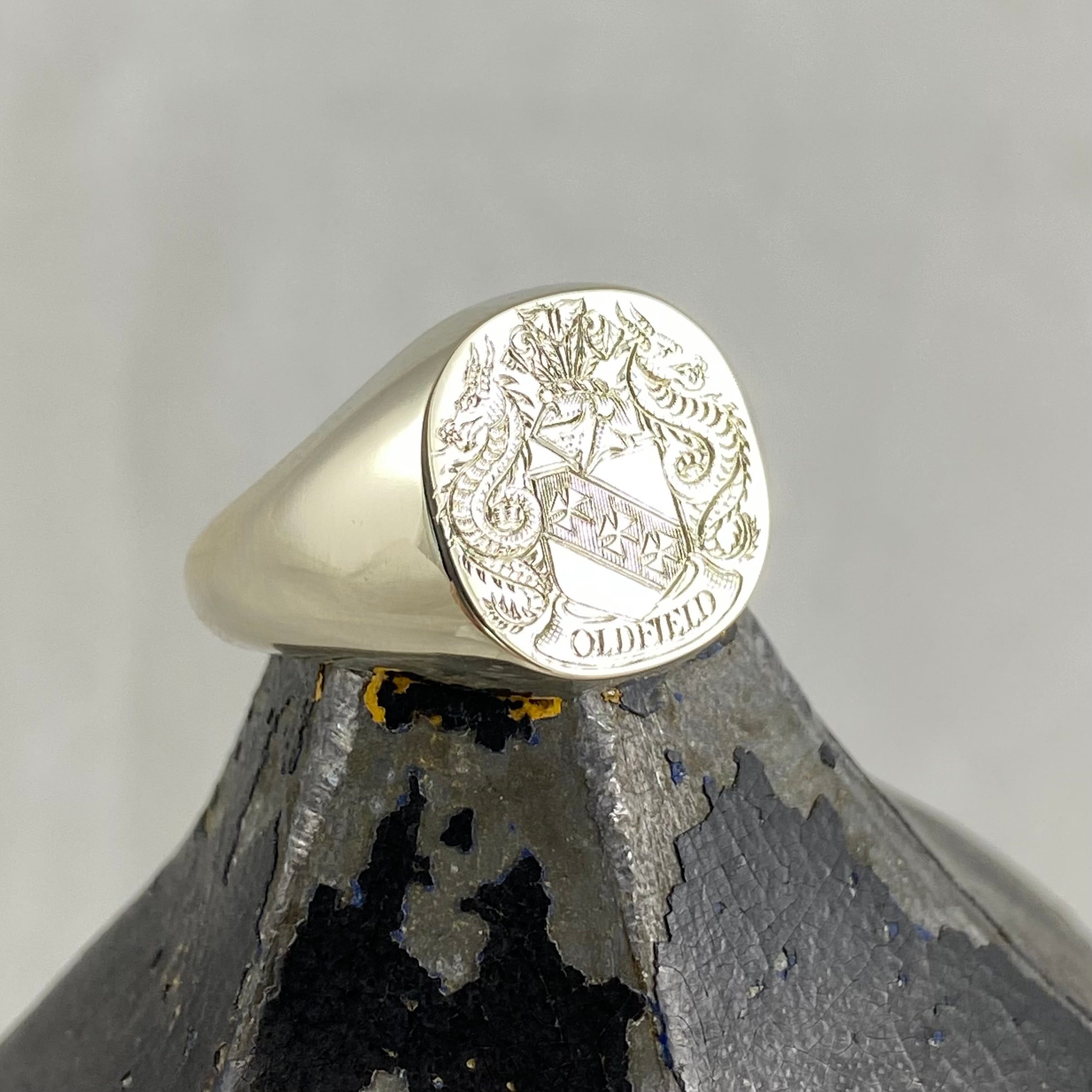 Family Coat of Arms Engraved  14mm x 13mm  Cushion -  9 Carat White Gold Signet Ring