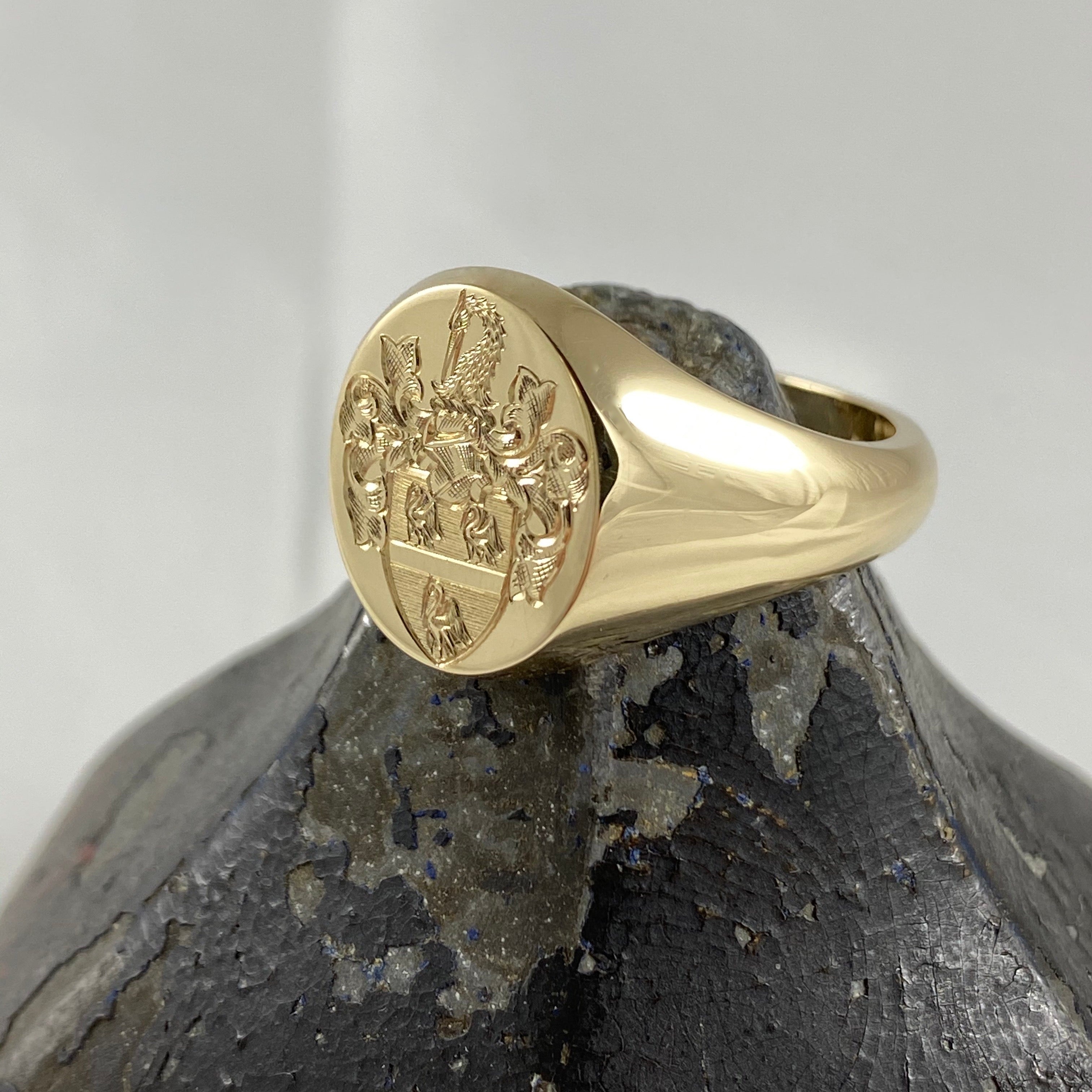 Family Coat of Arms Surface Engraved 13mm x 11mm  -  9 Carat Yellow Gold Signet Ring