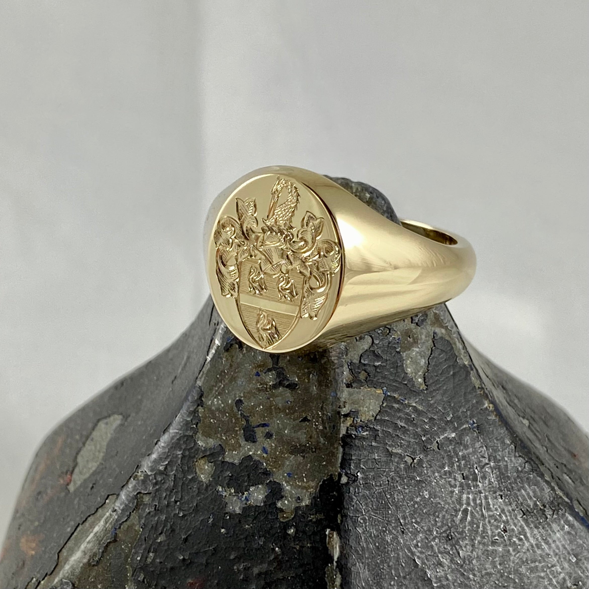 Family Coat of Arms Surface Engraved 13mm x 11mm  -  9 Carat Yellow Gold Signet Ring