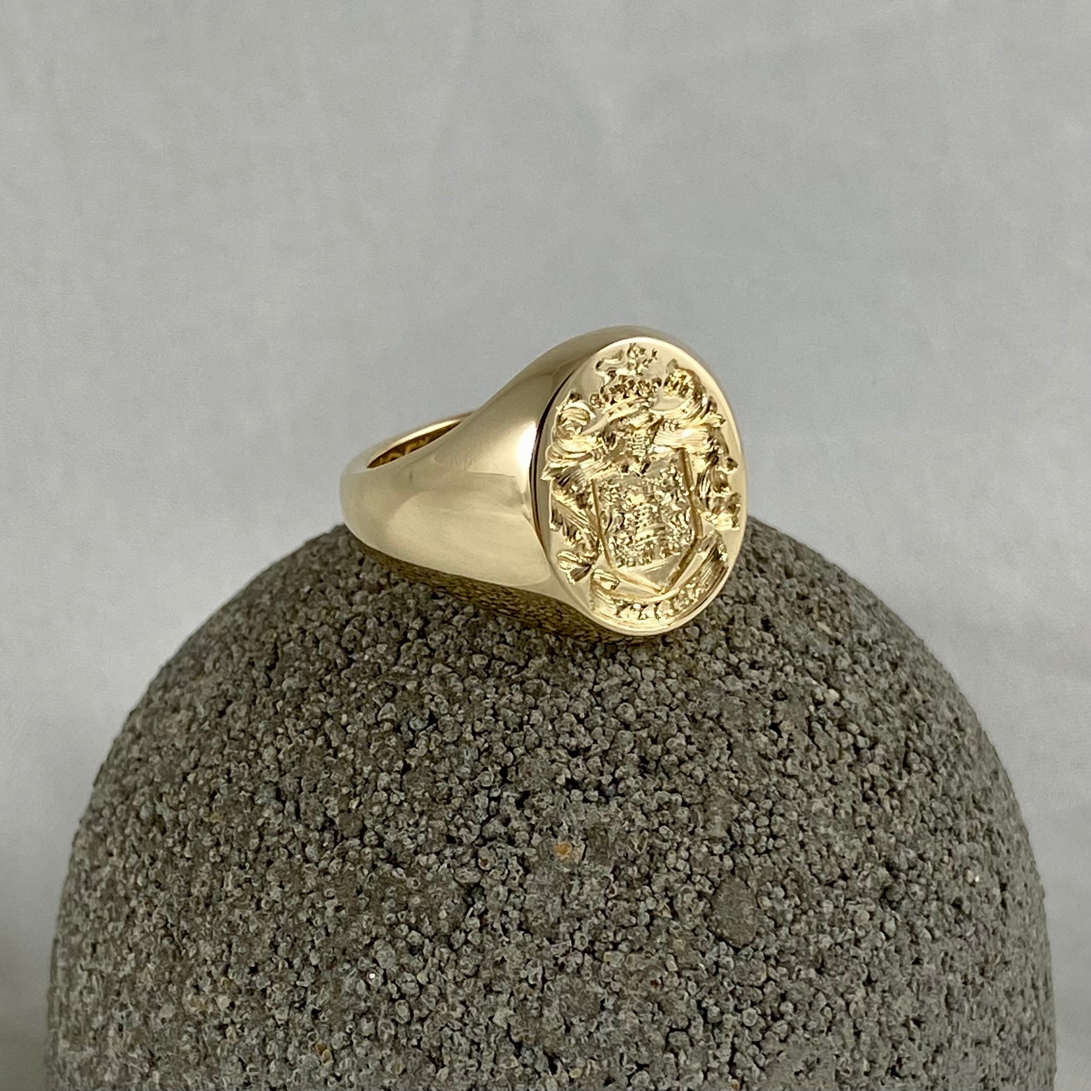 Family Coat of Arms Seal Engraved  13mm x 11mm  -  9 Carat Yellow Gold Signet Ring