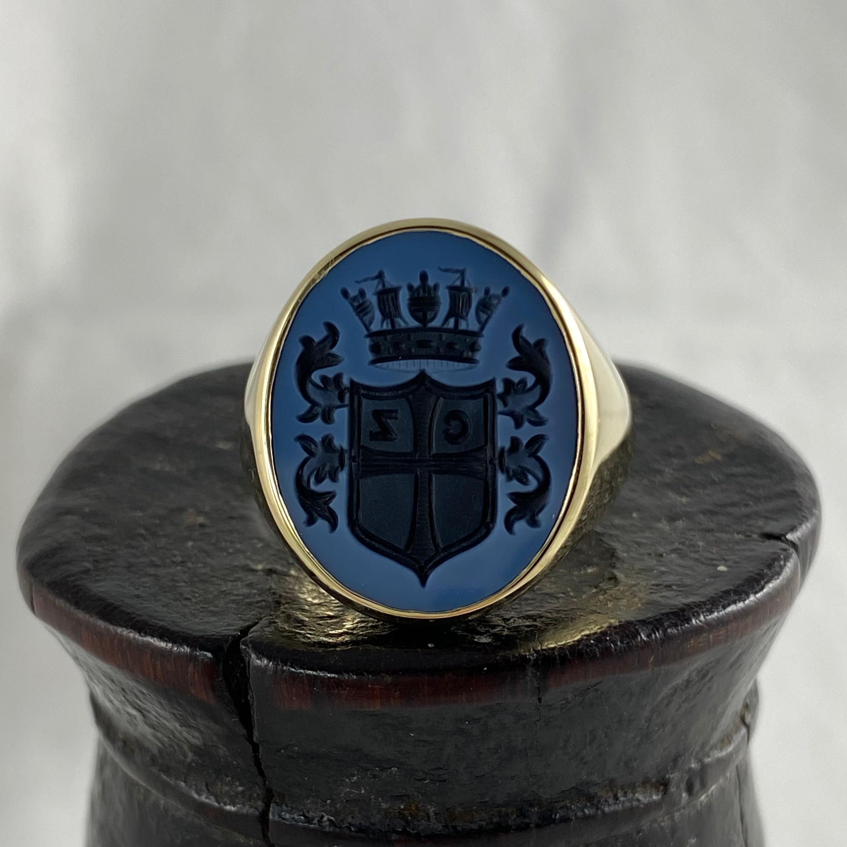 Seal Engraved Blue/Black Agate Custom Made 18mm x 16mm  -  9 Carat Yellow Gold Signet Ring