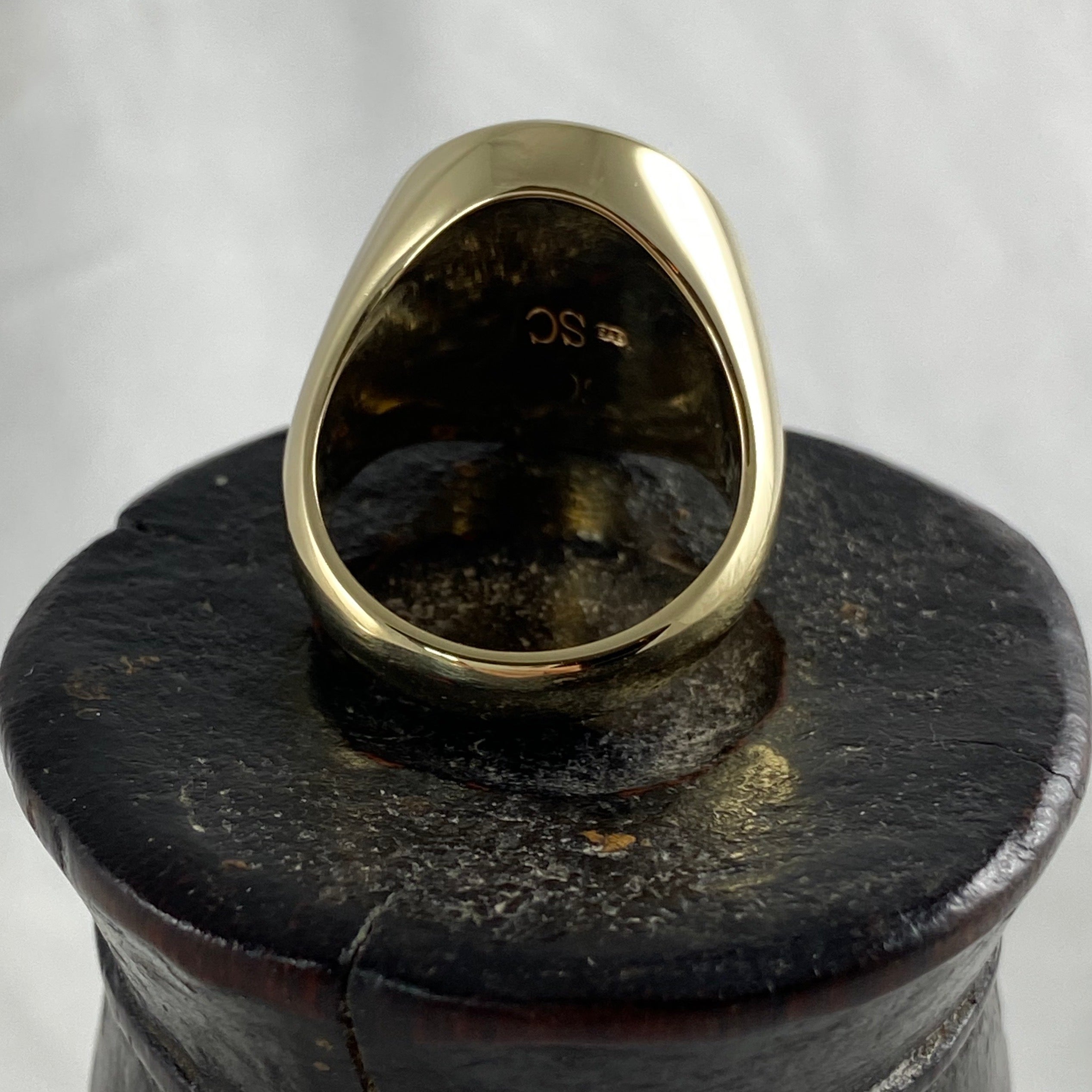 Seal Engraved Blue/Black Agate Custom Made 18mm x 16mm  -  9 Carat Yellow Gold Signet Ring