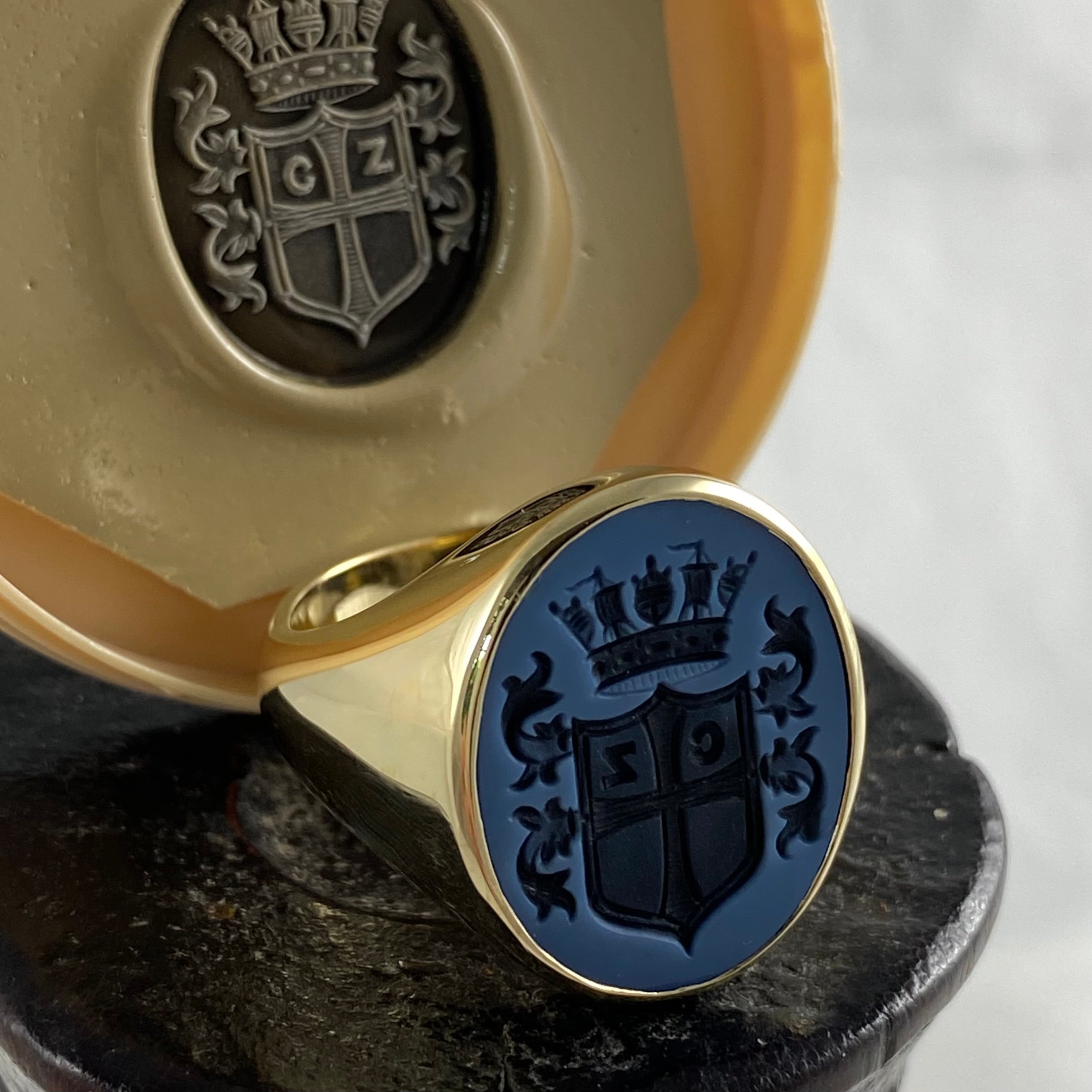 Seal Engraved Blue/Black Agate Custom Made 18mm x 16mm  -  9 Carat Yellow Gold Signet Ring