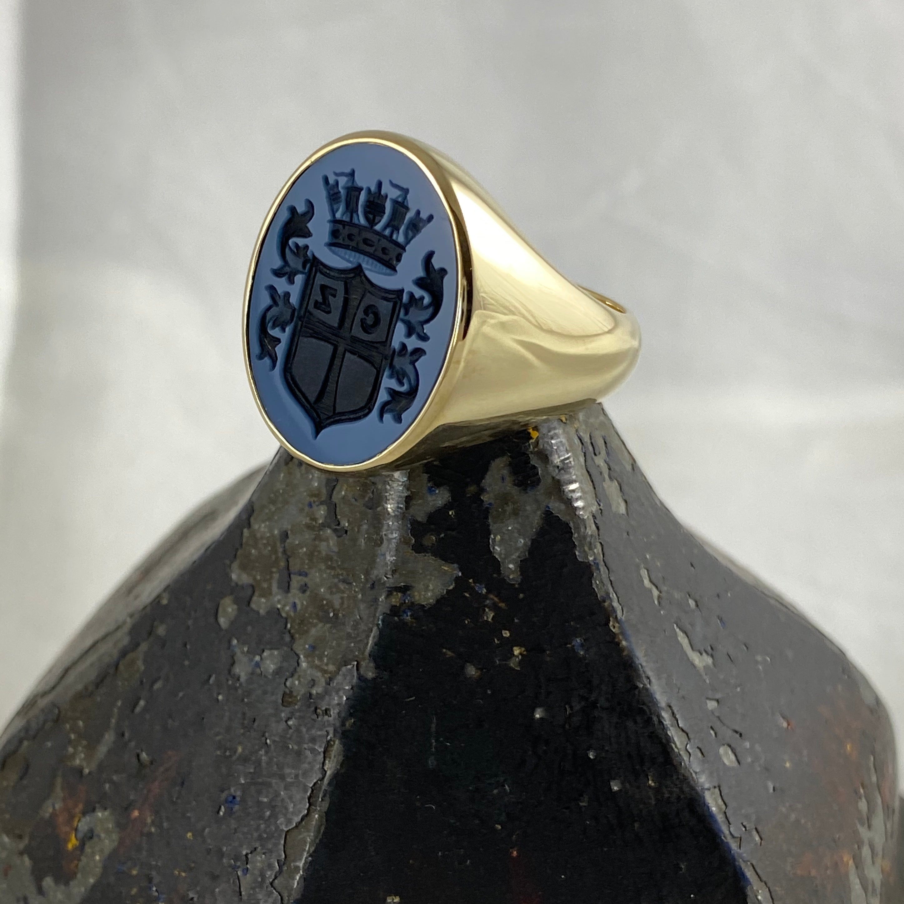 Seal Engraved Blue/Black Agate Custom Made 18mm x 16mm  -  9 Carat Yellow Gold Signet Ring