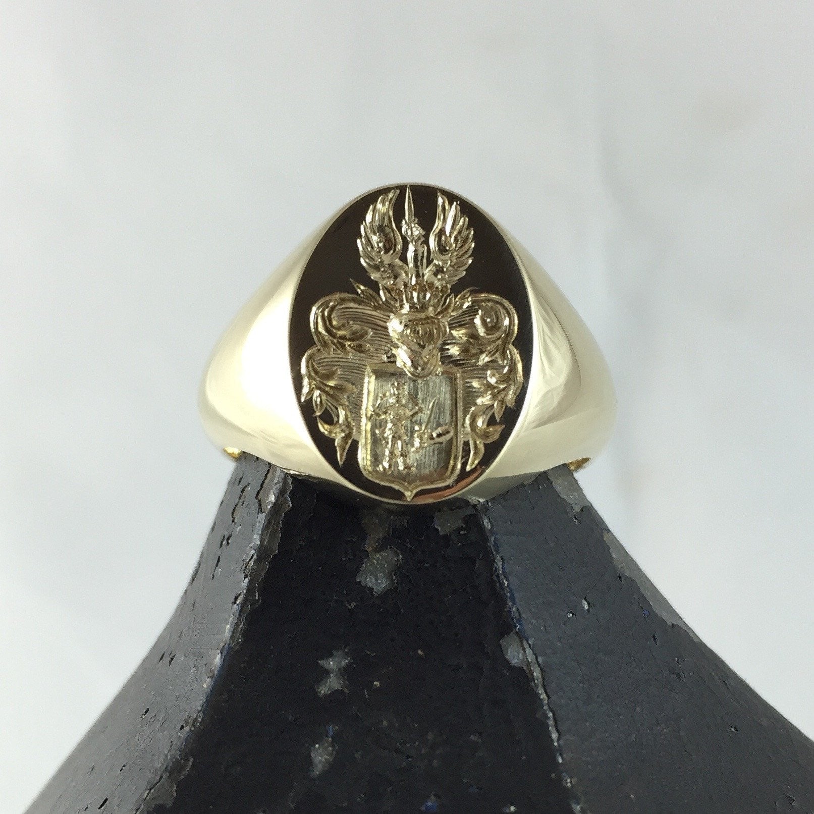 Family Coat of Arms Seal Engraved 18mm x 13mm -  9 Carat Yellow Gold Signet Ring