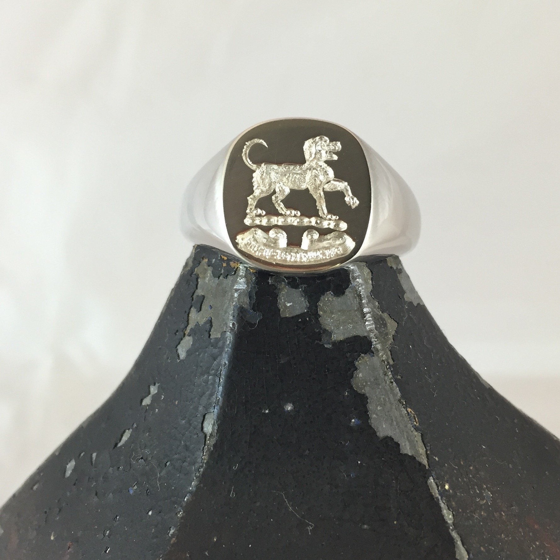 Family Crest Seal Engraved 14mm x 13mm  Cushion -  9 Carat White Gold Signet Ring