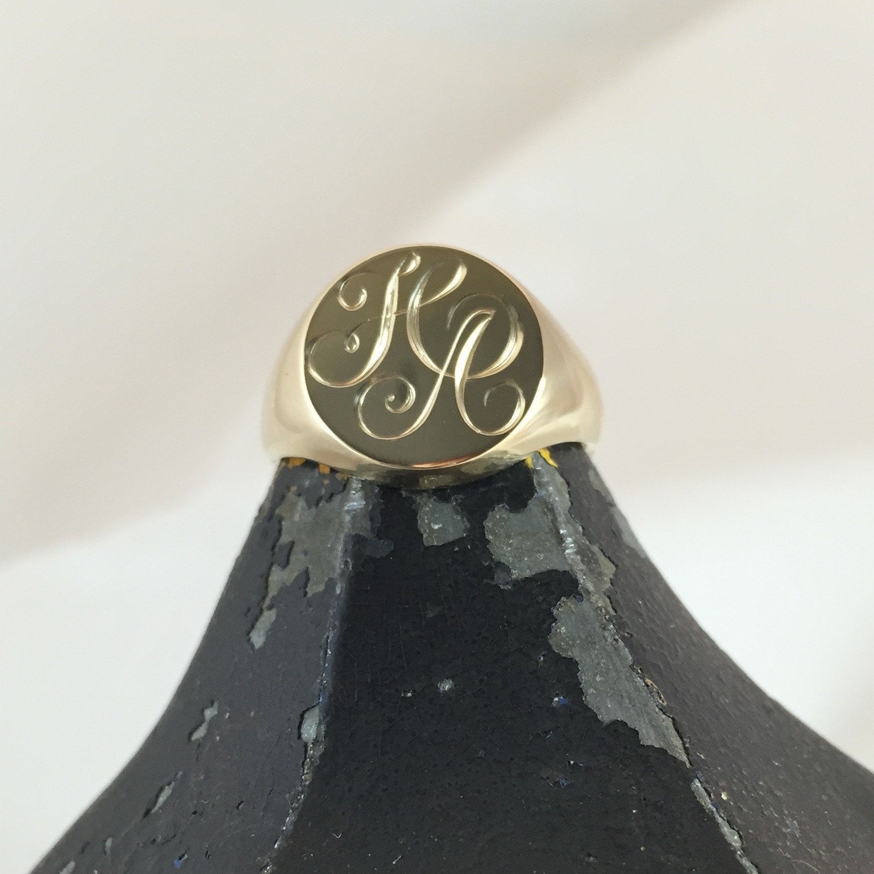 2 Initials Engraved  13mm Round  -  18 Carat Yellow Gold Signet Ring