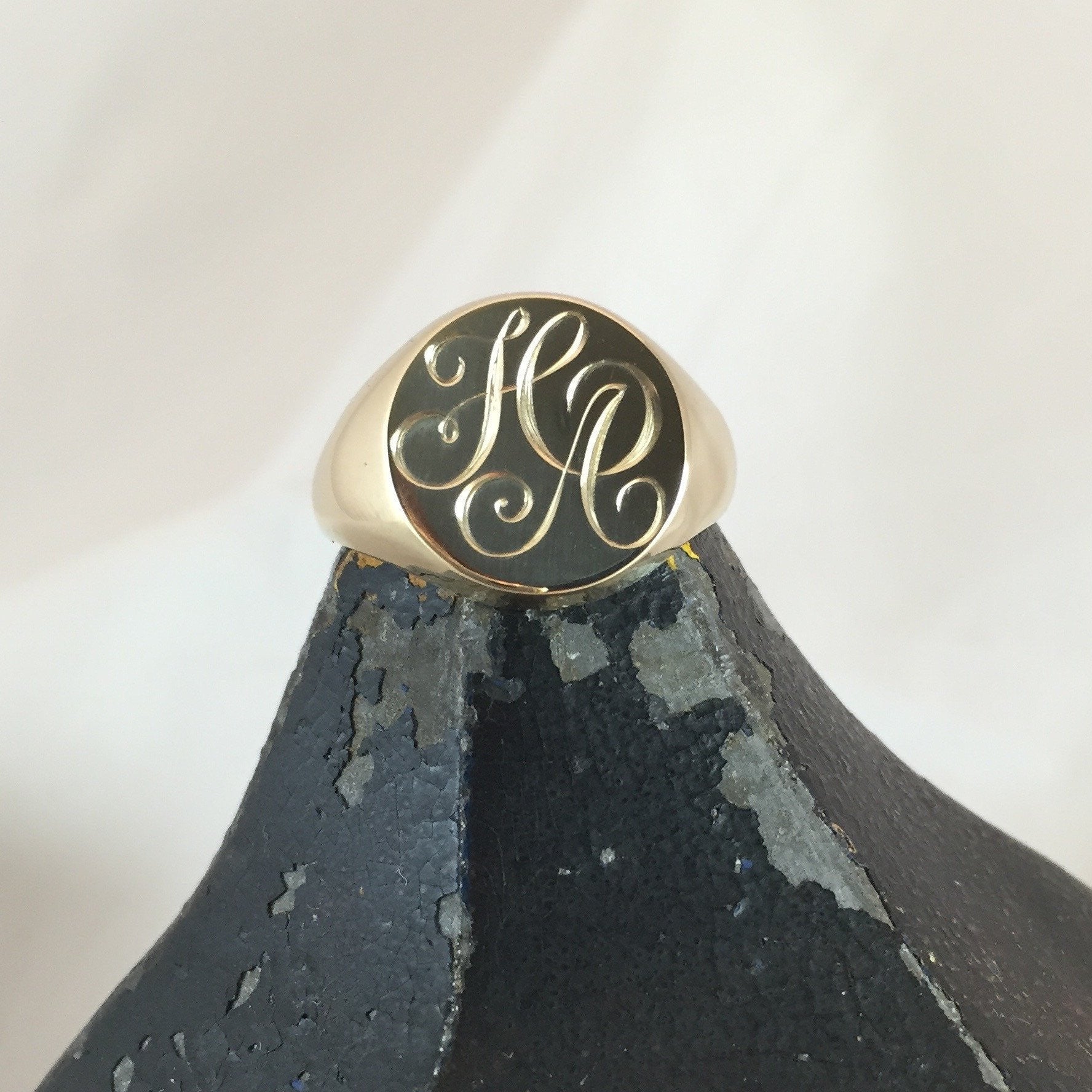 2 Initials Engraved  13mm Round  -  18 Carat Yellow Gold Signet Ring