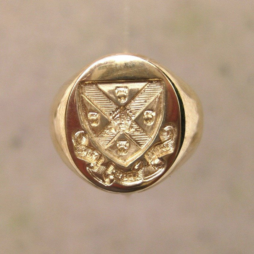 Family Coat of Arms Seal Engraved 13mm x 11mm  -  9 Carat Yellow Gold Signet Ring