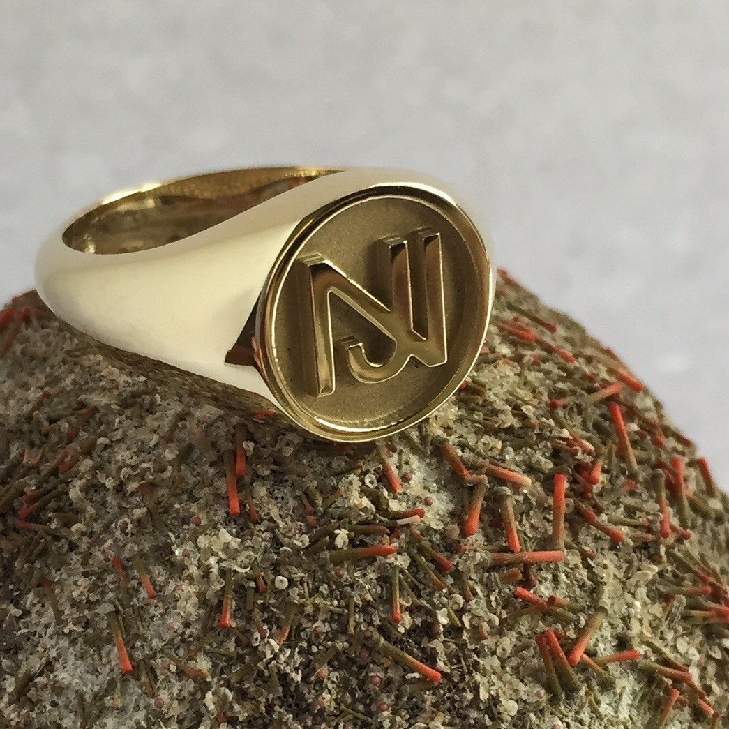 2 Initials Monogram Design 14mm Round  -  18 Carat Yellow Gold Signet Ring