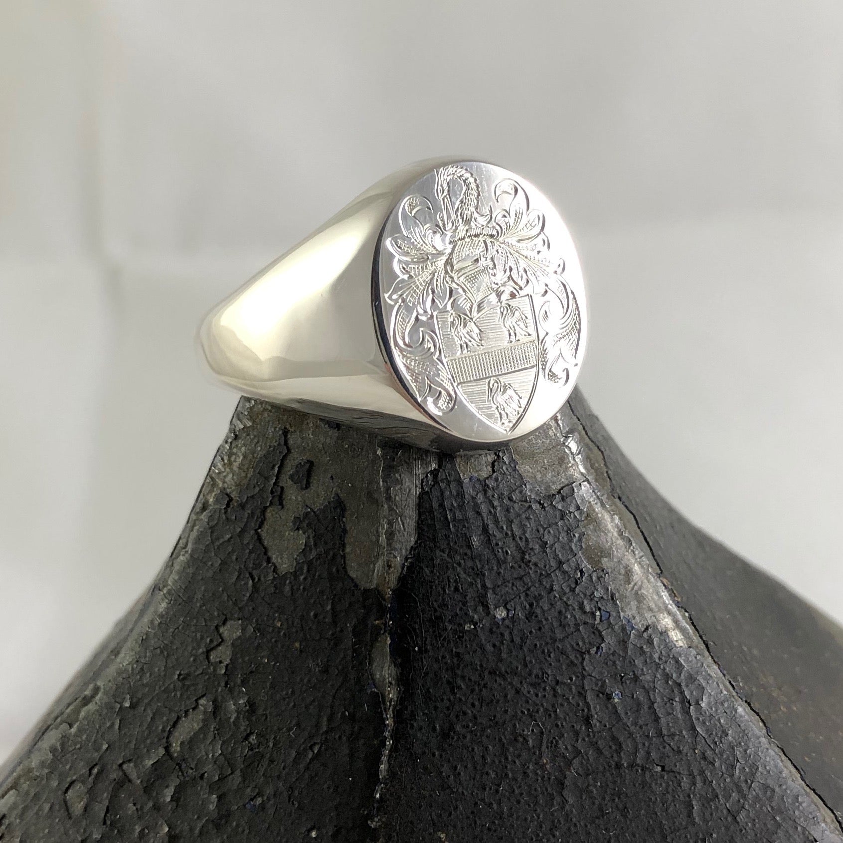 Family Coat of Arms Surface Engraved 14mm x 12mm  -  9 Carat White Gold Signet Ring