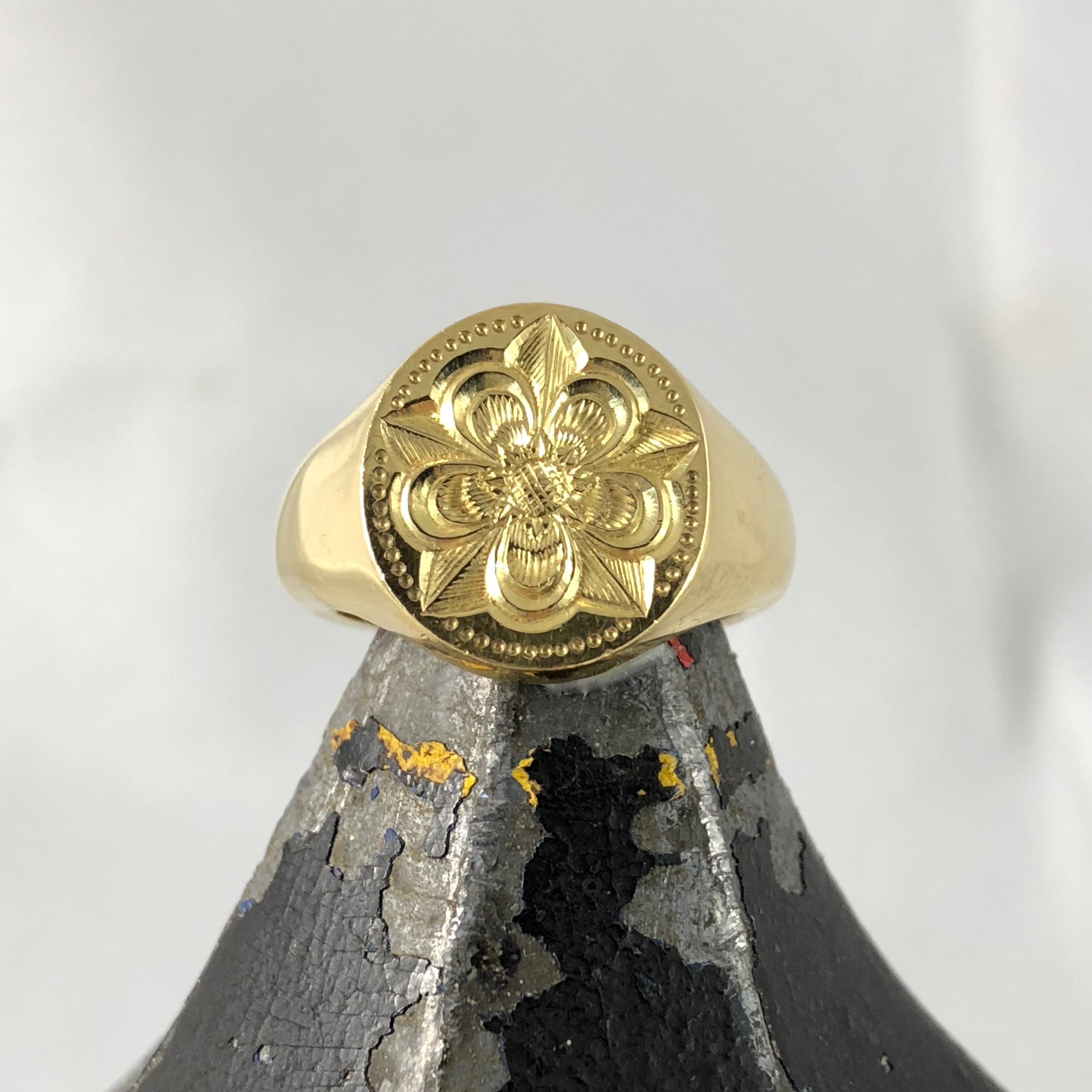 Family Crest Seal Engraved 14mm x 12mm  -  18 Carat Yellow Gold Signet Ring