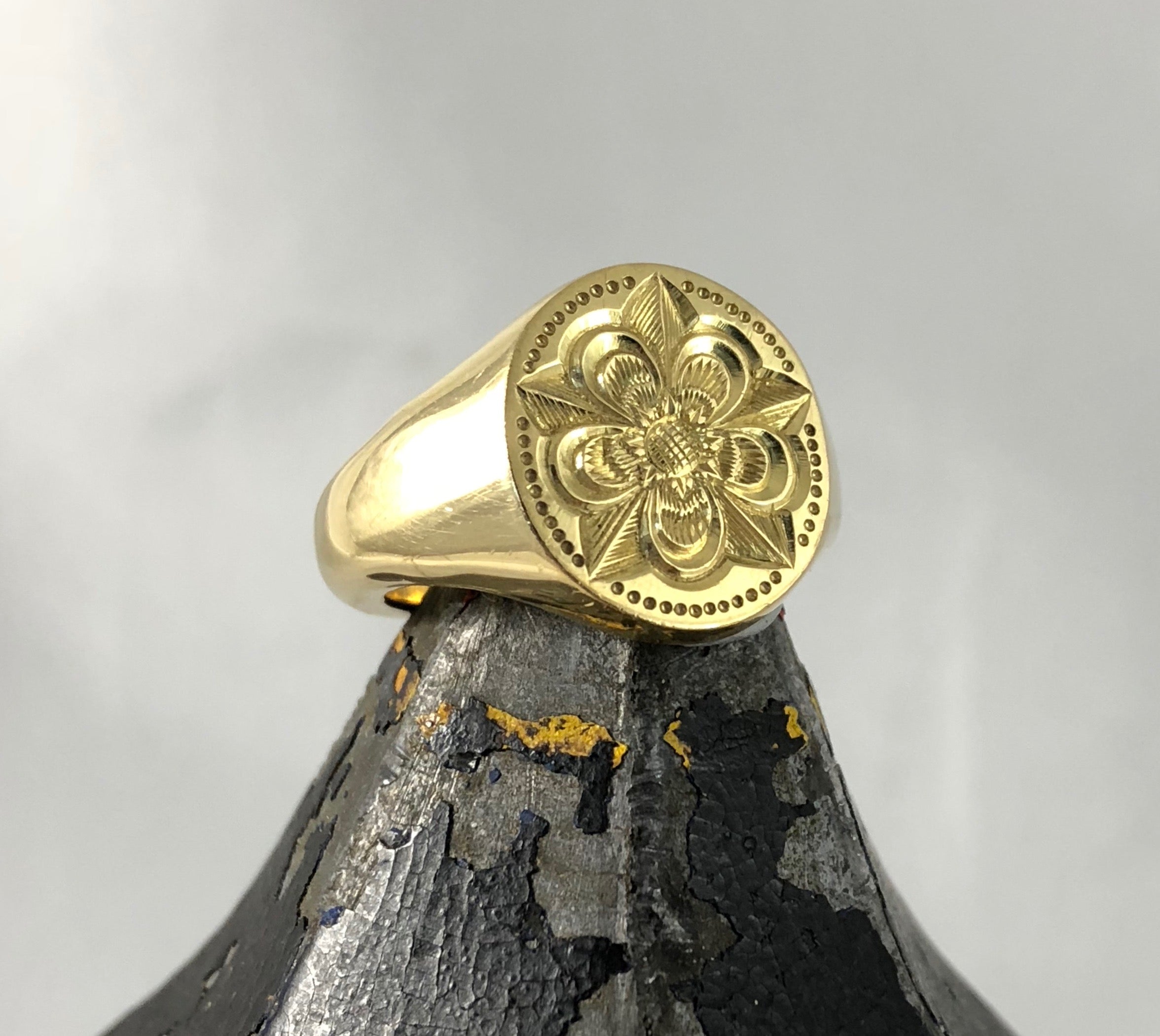 Family Crest Seal Engraved 14mm x 12mm  -  18 Carat Yellow Gold Signet Ring