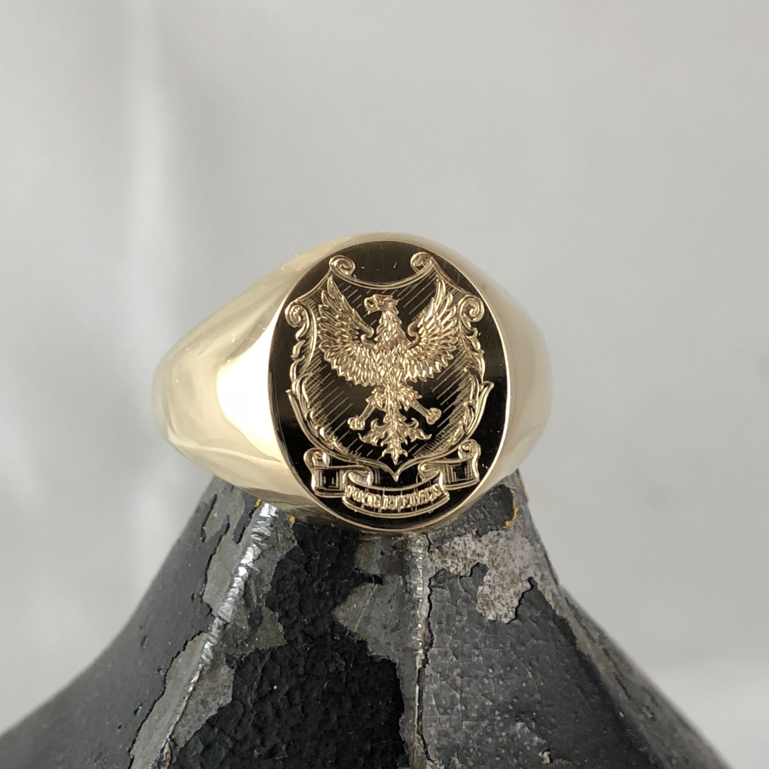 Family Coat of Arms Surface Engraved 16mm x 13mm Oval -  9 Carat Yellow Gold Signet Ring