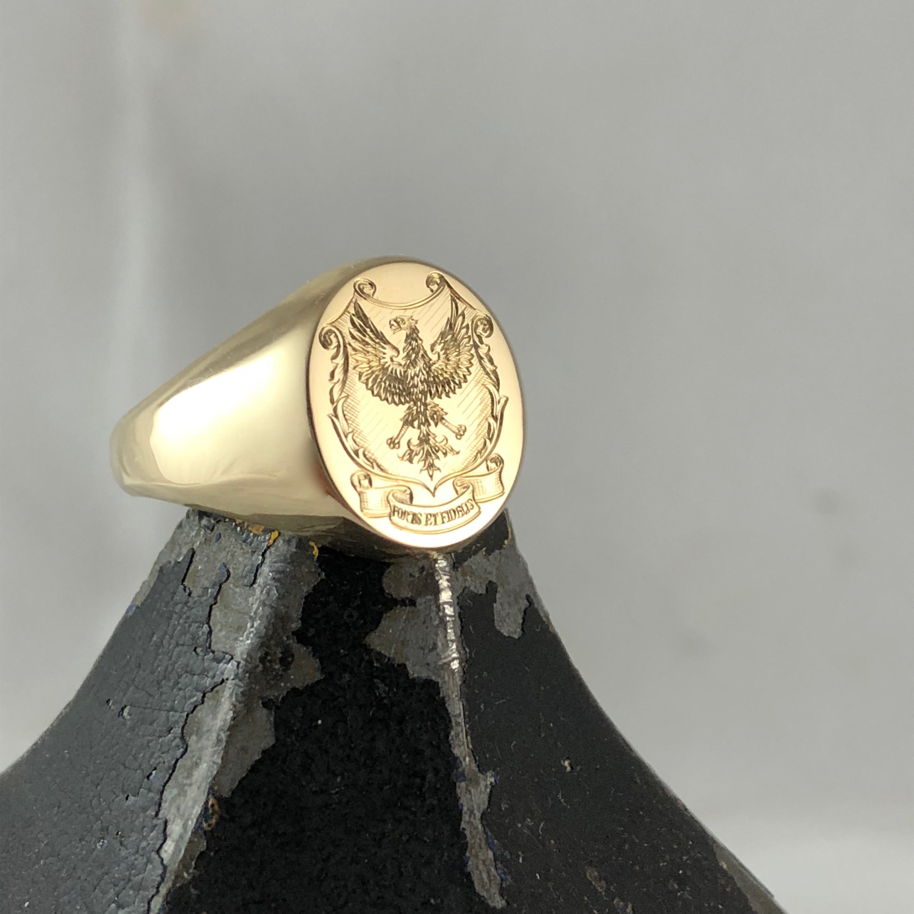 Family Coat of Arms Surface Engraved 16mm x 13mm Oval -  9 Carat Yellow Gold Signet Ring