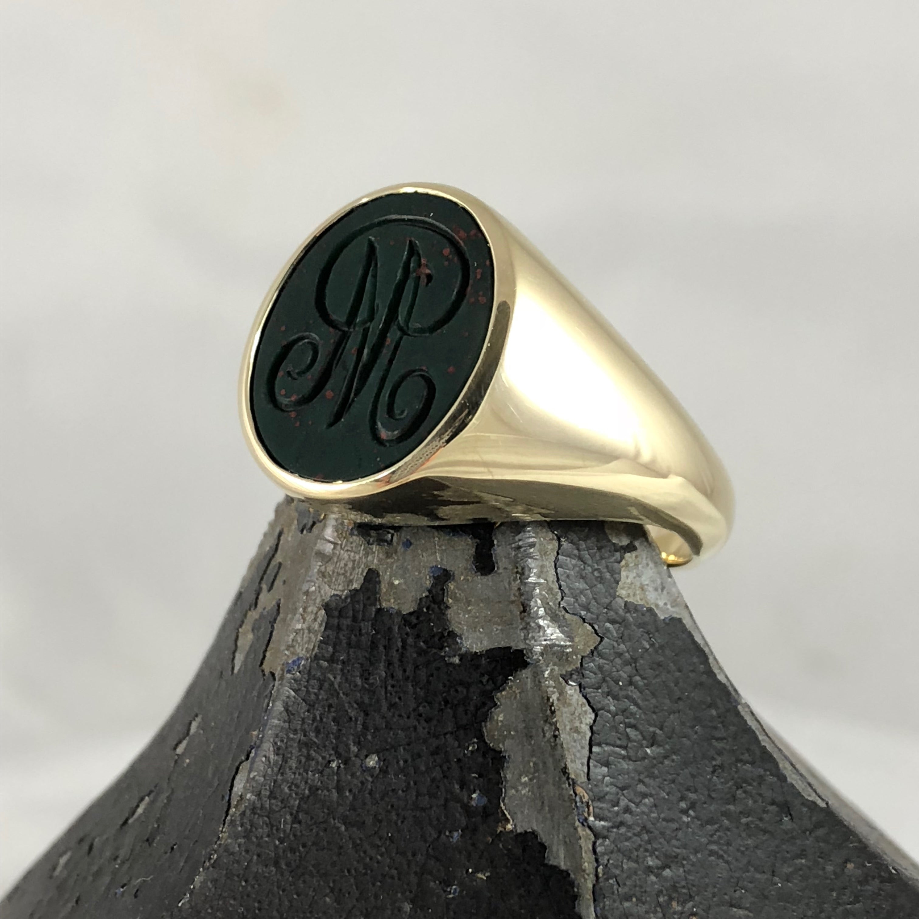 Seal Engraved Monogram Bloodstone Custom Made 16mm x 13mm  -  9 Carat Yellow Gold Signet Ring