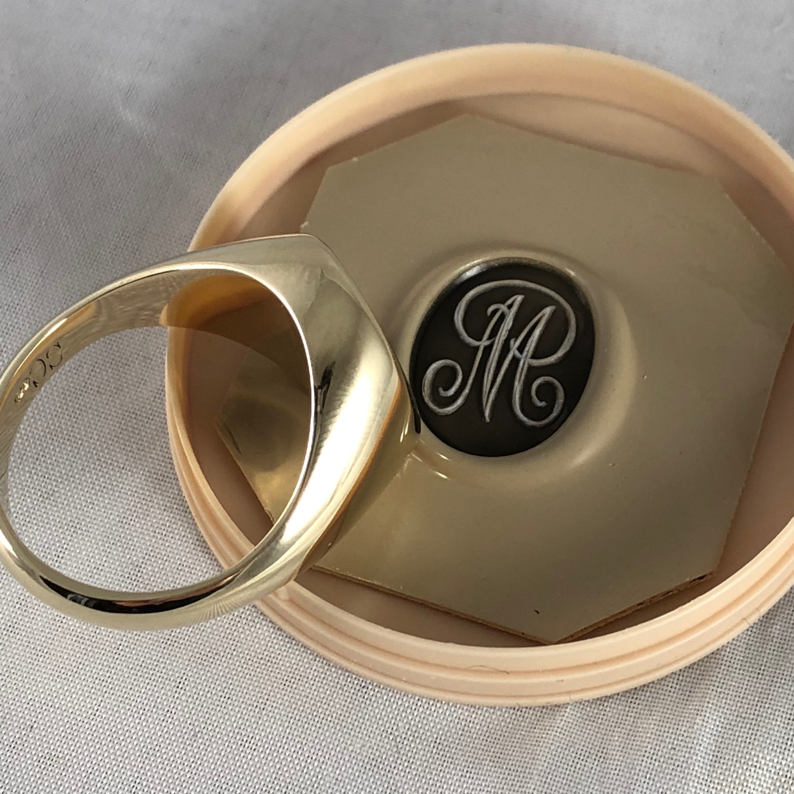 Seal Engraved Monogram Bloodstone Custom Made 16mm x 13mm  -  9 Carat Yellow Gold Signet Ring