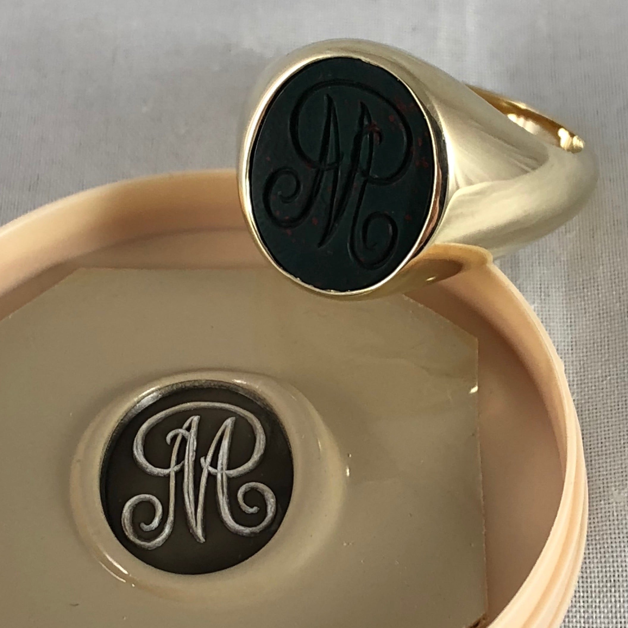 Seal Engraved Monogram Bloodstone Custom Made 16mm x 13mm  -  9 Carat Yellow Gold Signet Ring