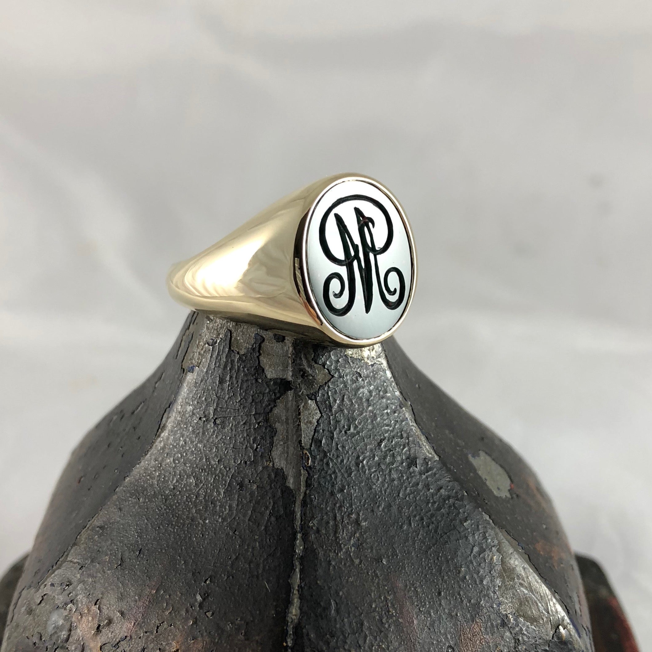 Seal Engraved Monogram Bloodstone Custom Made 16mm x 13mm  -  9 Carat Yellow Gold Signet Ring