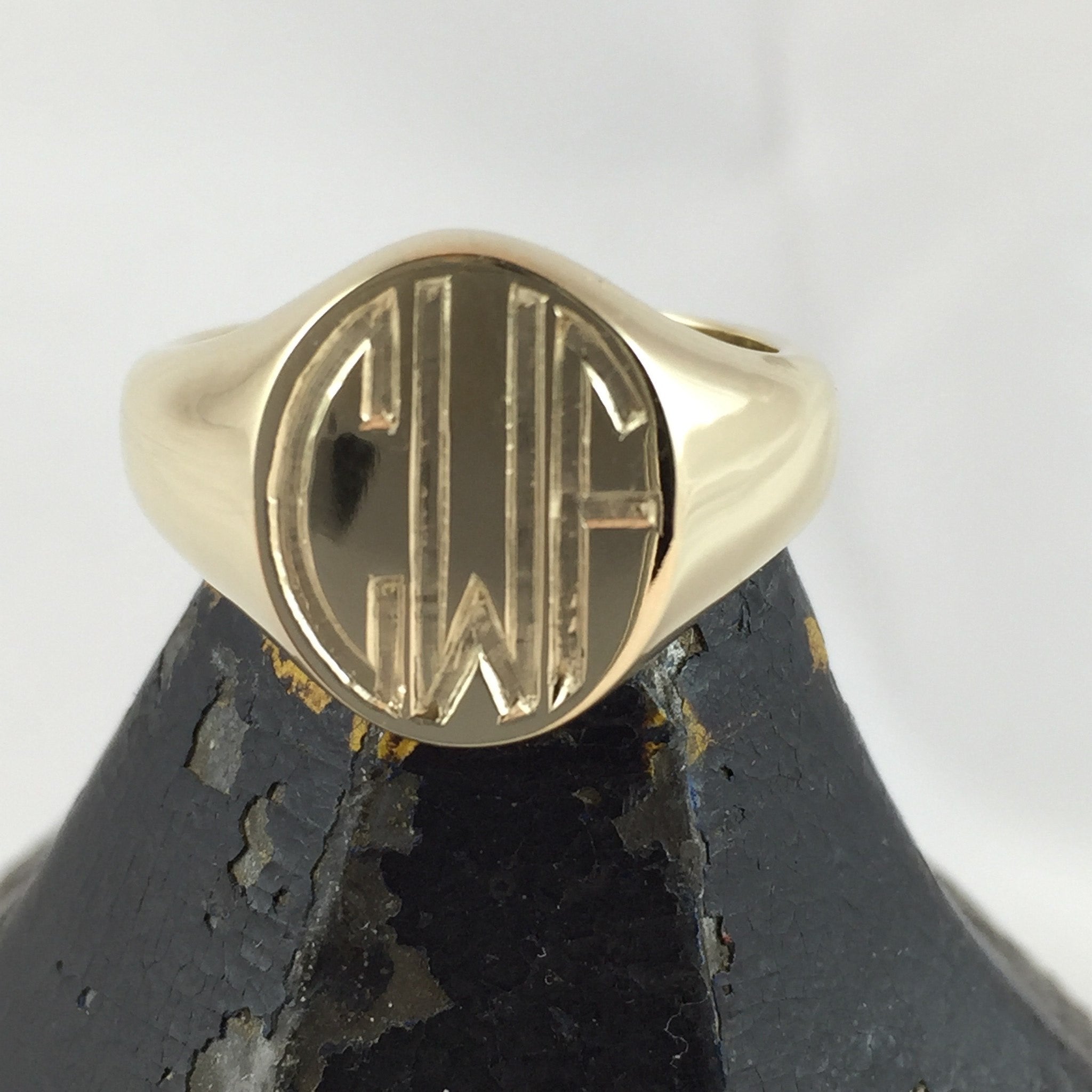 3 Initials Engraved 13mm x 11mm  -  9 Carat Yellow Gold Signet Ring