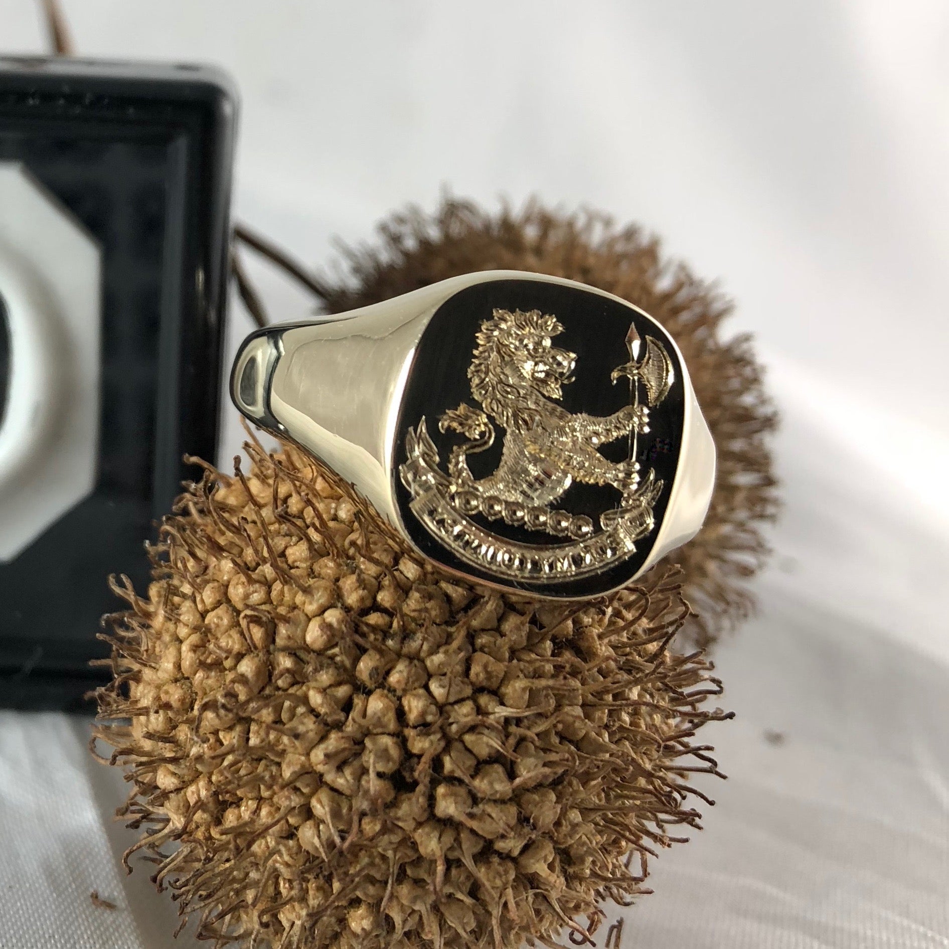 Family Crest Seal Engraved 14mm x 13mm  -  9 Carat Yellow Gold Signet Ring