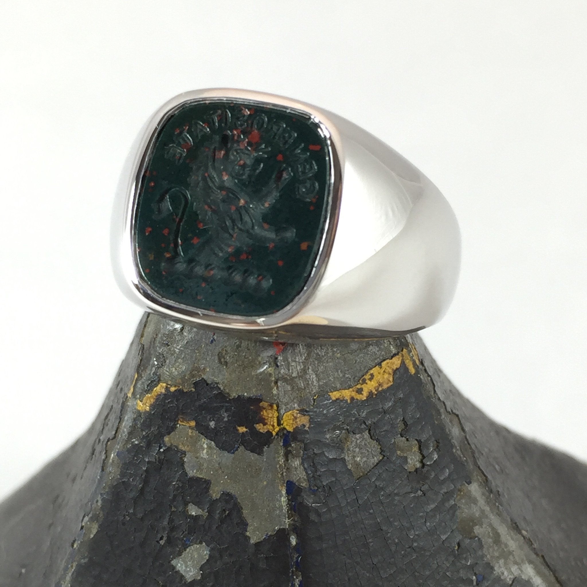 Seal Engraved Bloodstone Custom Made 12mm x 11mm  -  9 Carat White Gold Signet Ring