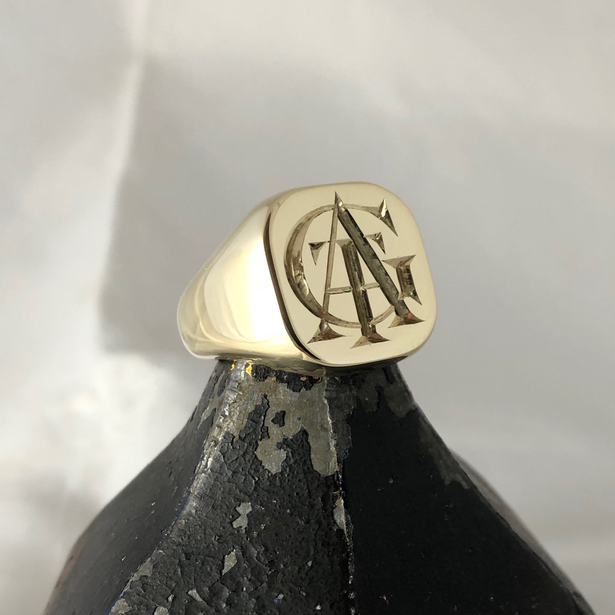 3 Initials Deep Engraved  18mm x 18mm  -   9 Carat Yellow Gold Signet Ring