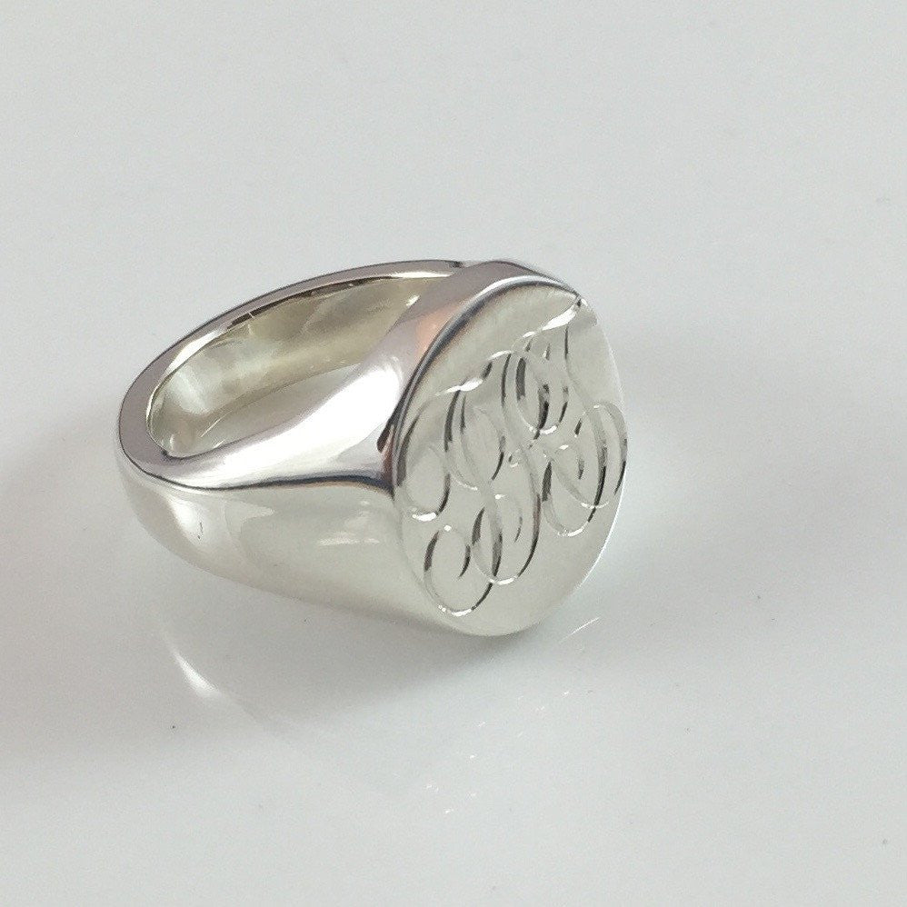 3 Initials Engraved  20mm x 16mm  -  Sterling Silver Signet Ring