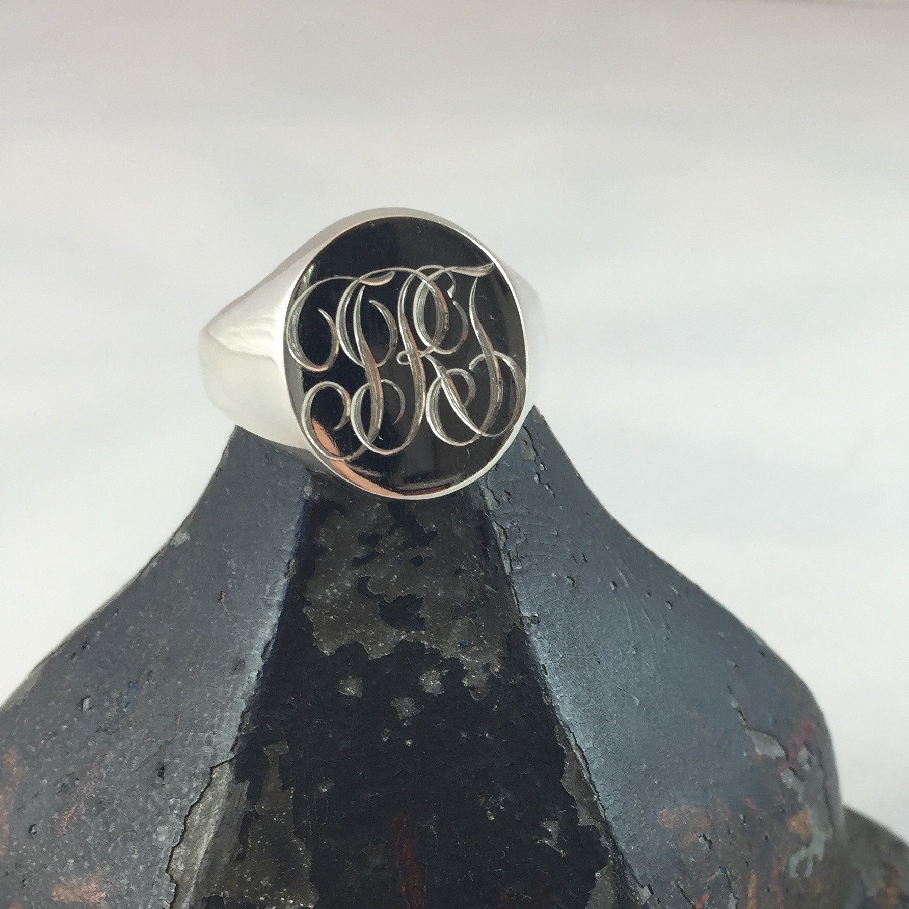 3 Initials Engraved  20mm x 16mm  -  Sterling Silver Signet Ring