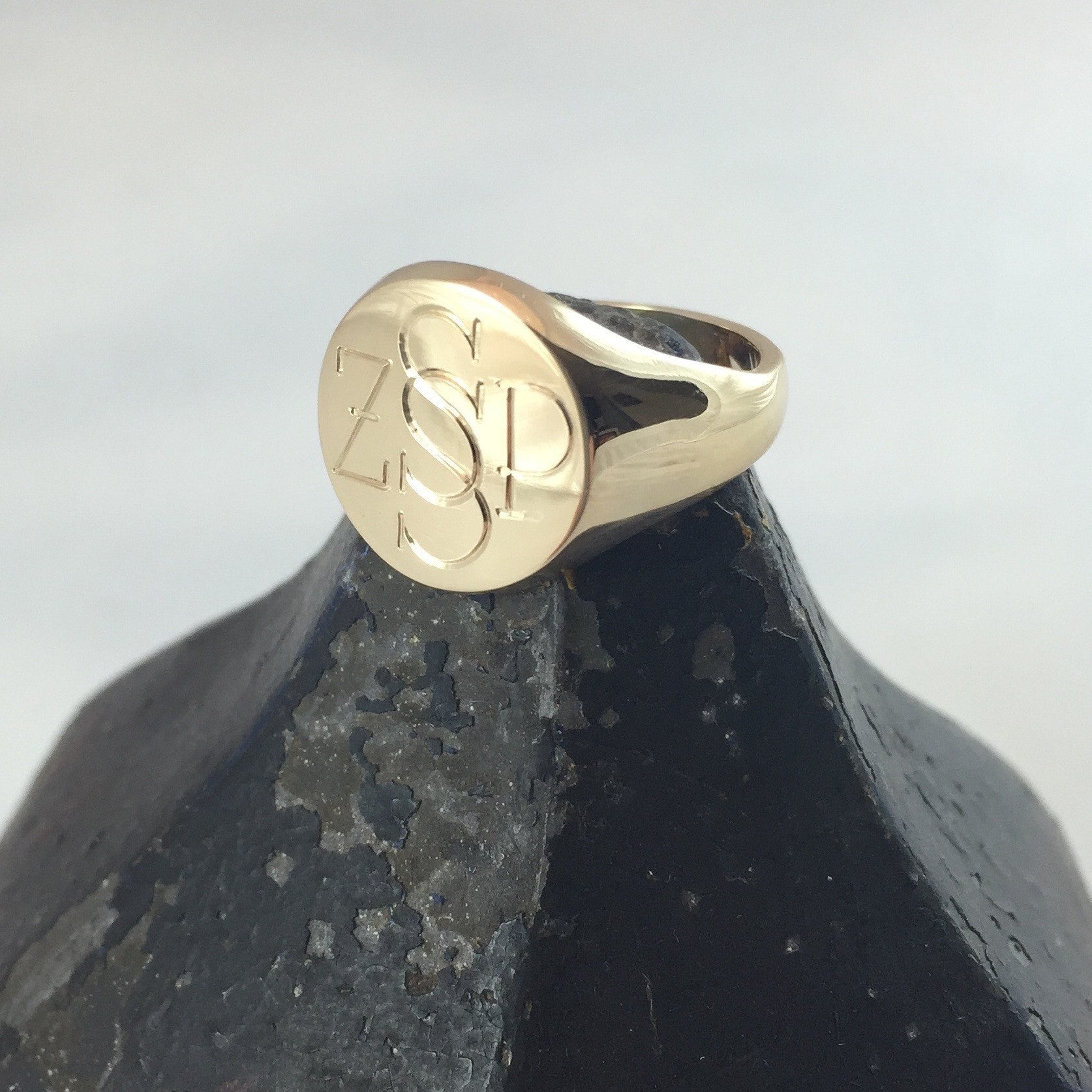 4 Initials Engraved  13mm Round  -  18 Carat Yellow Gold Signet Ring