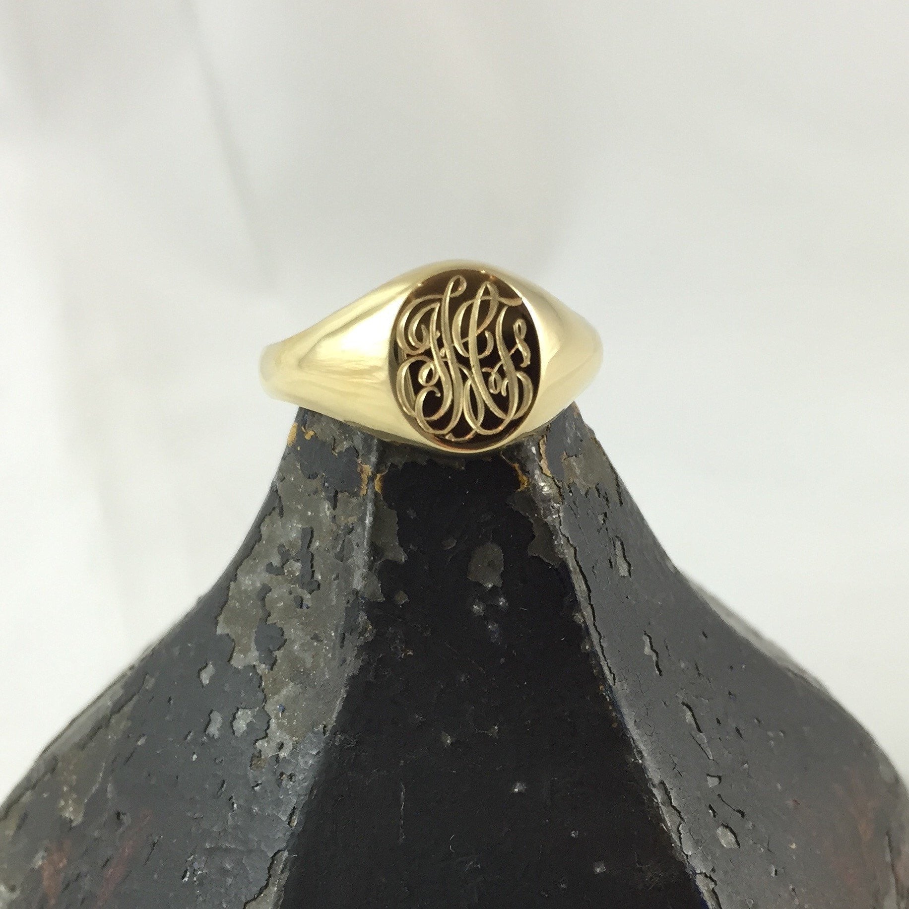 3 Initials Engraved  11mm x 9mm Oval  -  9 Carat Yellow Gold Signet Ring