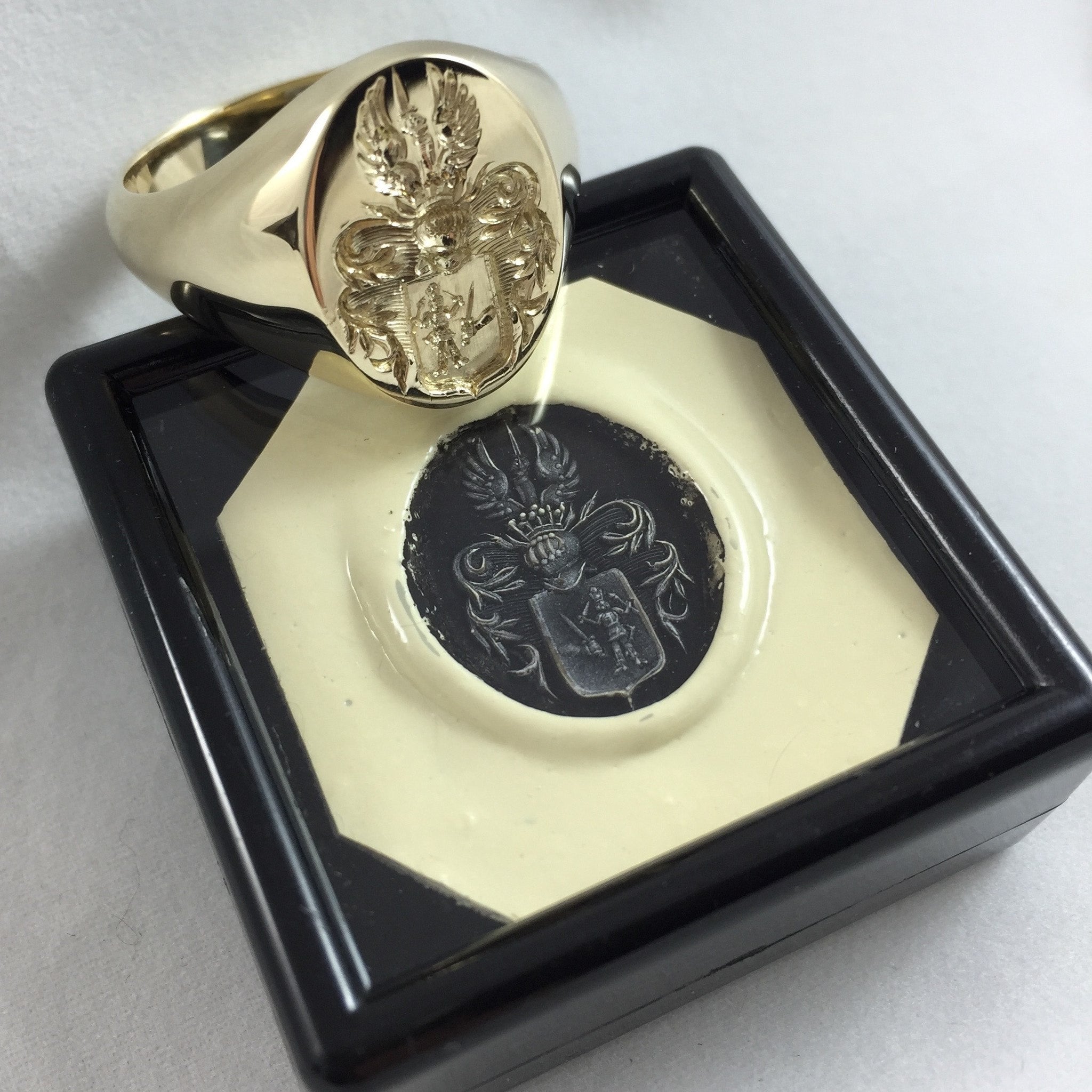 Family Coat of Arms Seal Engraved 18mm x 13mm -  9 Carat Yellow Gold Signet Ring